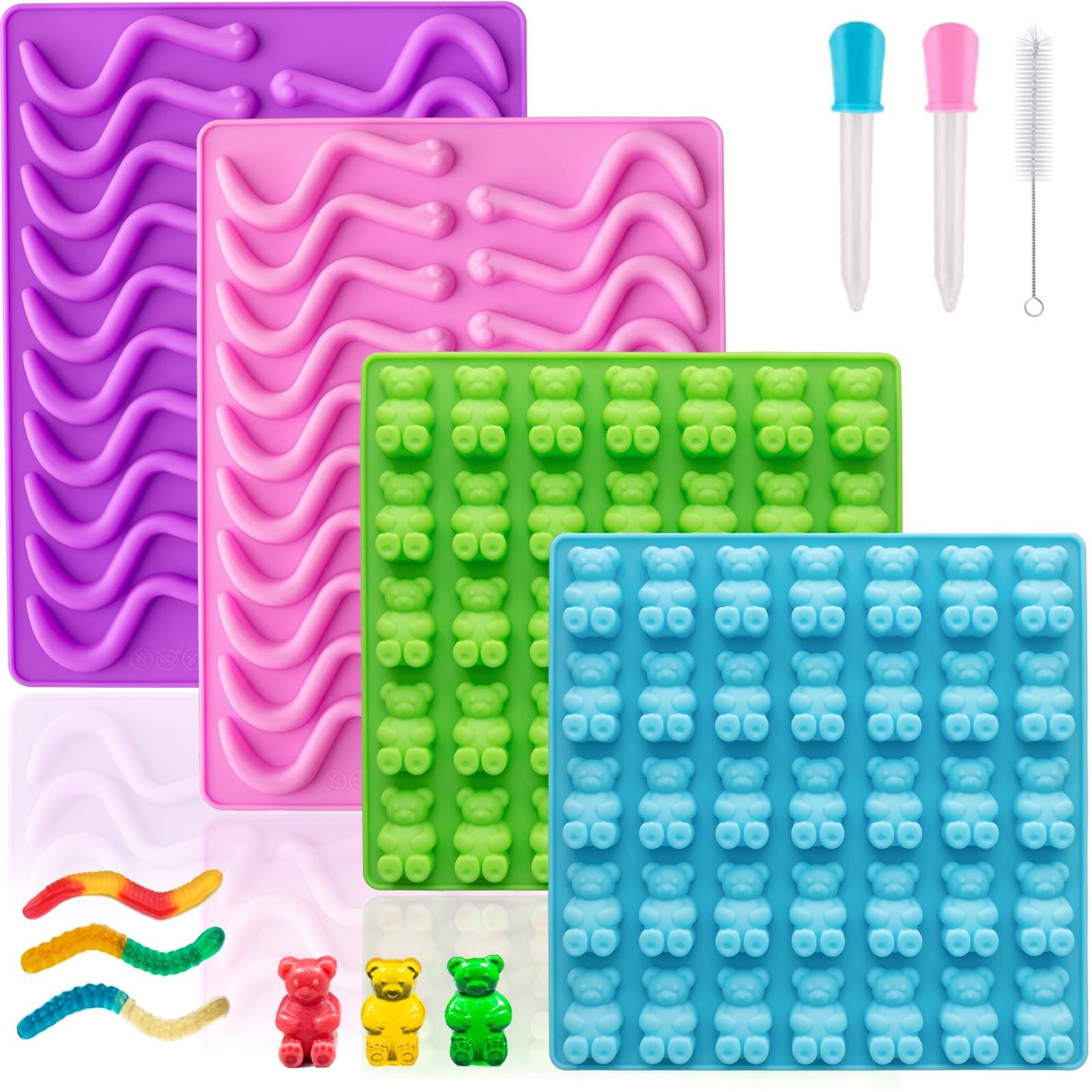 HKUCFTT Large Gummy Bear and Worm Mold Silicone, Candy Gummy Molds for Kids, Non-Stick Chocolate Molds BPA Free with 2 Droppers & 1 Cleaning Brush, Set of 4