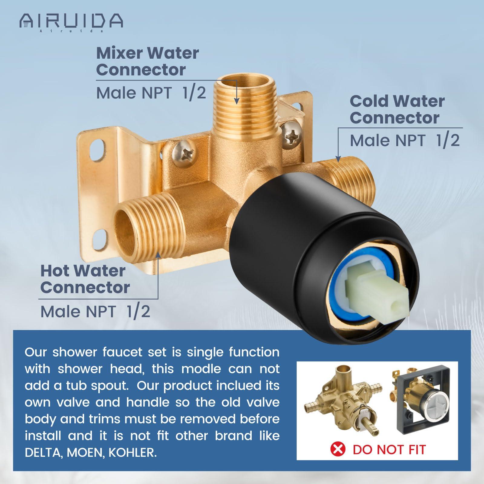 Airuida Shower Faucet Set Bathroom Rain Shower System SUS304 Stainless Steel Single Handle With Male Threads Rough-in Valve Shower Trim Kit 8 Inch Wall Mount Shower Head Matte Black - Image 4