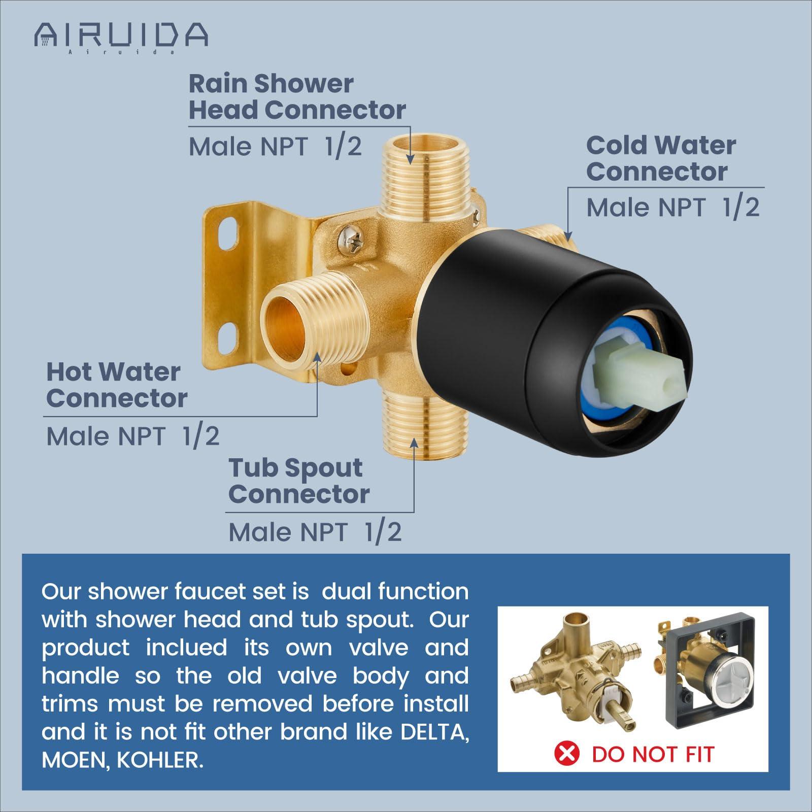 Airuida Shower Faucet Set with Tub Spout Bathtub Faucet Kit Shower Tub Faucet Set Complete Tub Shower Trim Kit with Solid Brass Rough-in Valve Rainfall Round 6 Inch Shower Head Matte Black - Image 3