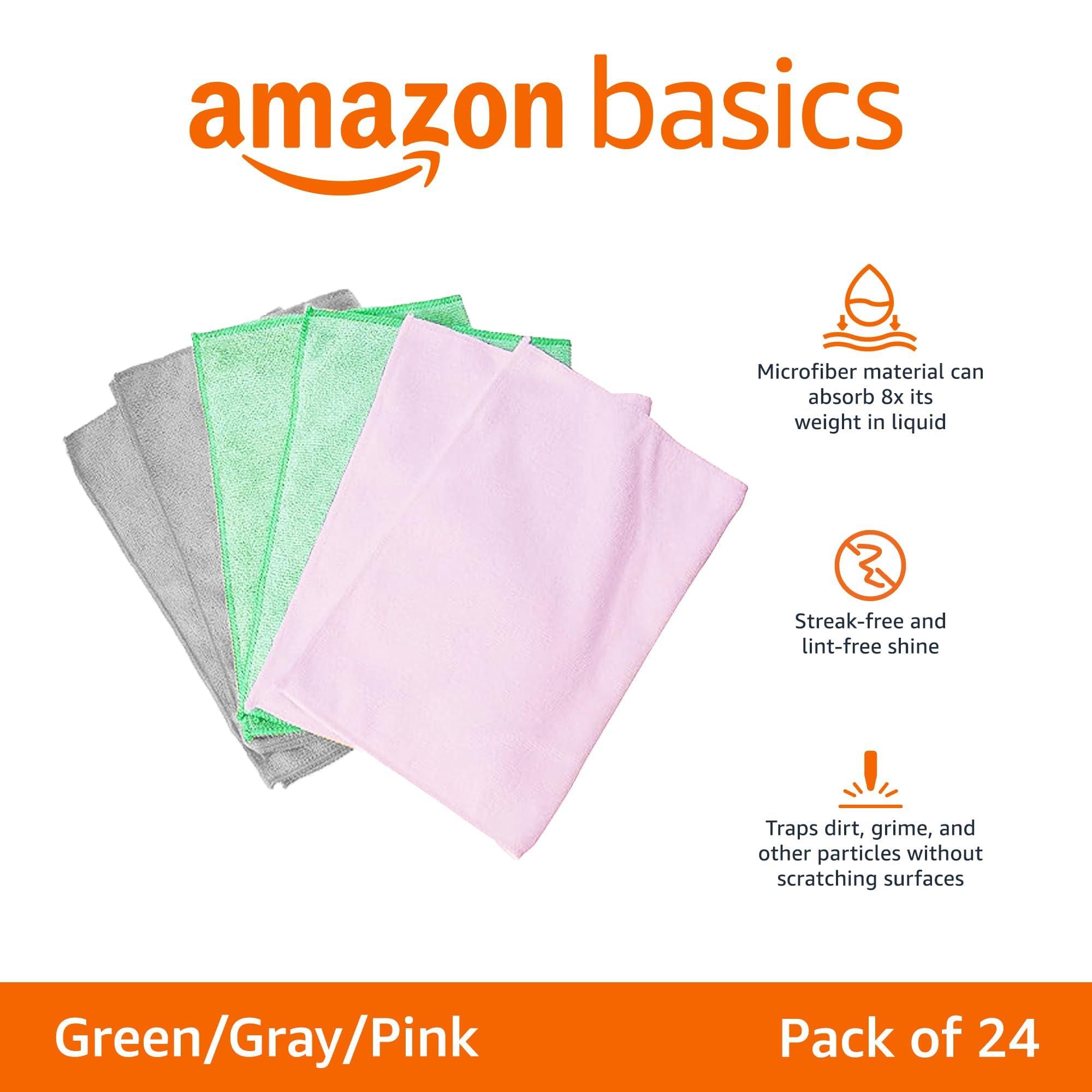 Amazon Basics Microfiber Cleaning Cloths, Ultra Soft and Absorbent, Free from Streaks/Lint/Scratch for Cars, 16" x 12", Green/Gray/Pink, 24-Pack - Image 2