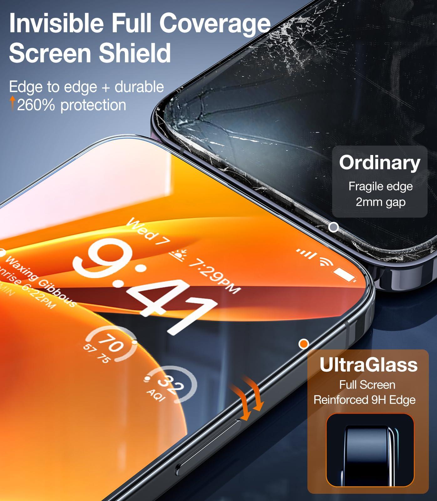 UltraGlass 9H+ Glass for iPhone 15 Pro Max Screen Protector [Military Grade Shatterproof & Longest Durable] Screen Protector 15 Pro Max Tempered Glass Full Coverage Protection, 2 Packs - Image 5