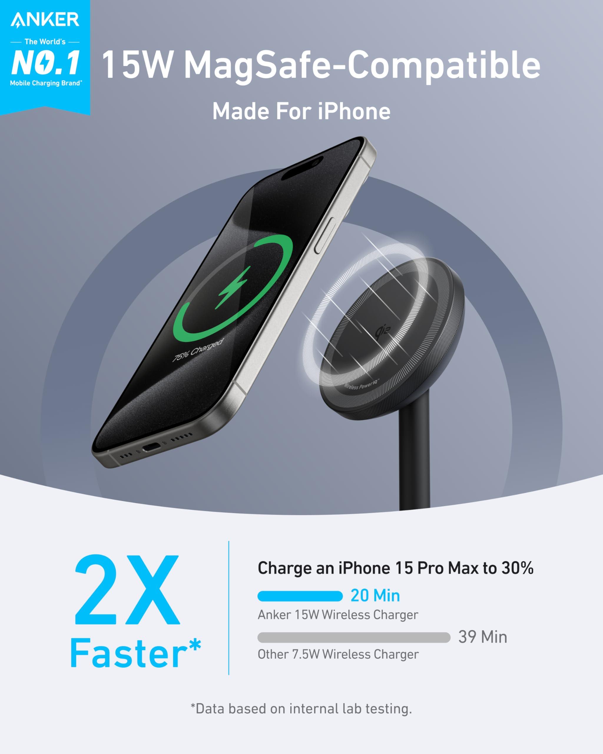 Anker MagGo iPhone 16 MagSafe-Compatible Wireless Charger Stand, 15W Fast Magnetic Wireless Charging Station, Qi2 Certified 360° Charger, for iPhone 16/15/14/13/12 Series and AirPods (No AC Adapter) - Image 2