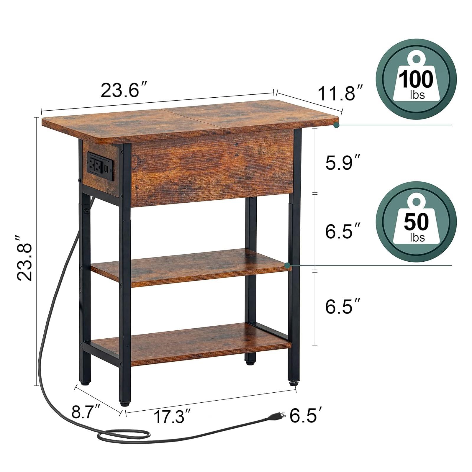 Yoobure End Table with Charging Station, Flip Top Side Table with USB Ports and Outlets, Sofa Couch Table Bedside Table for Living Room Bedroom, Narrow Nightstand with Storage Shelves for Small Space - Image 3