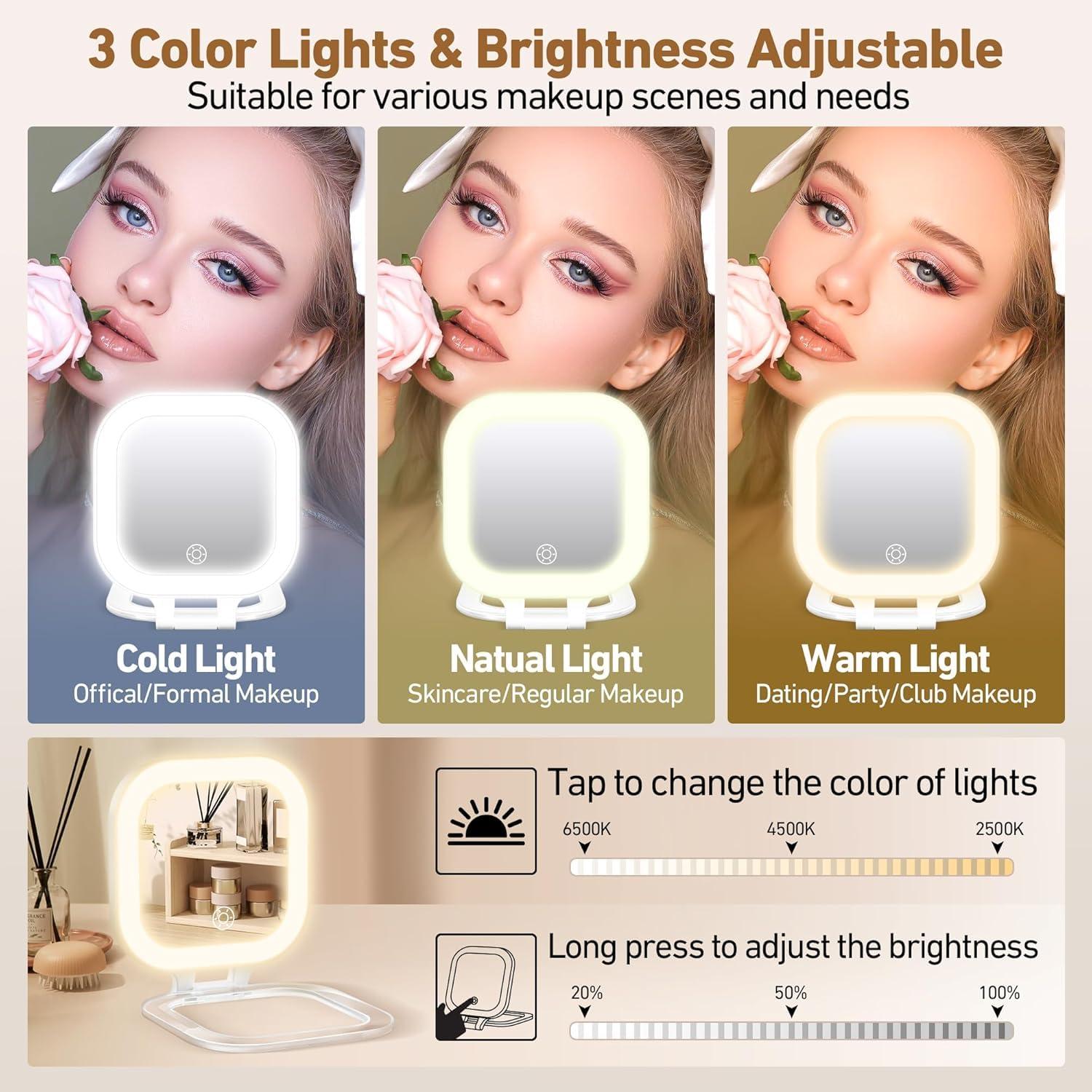 GOMIPURU Travel Mirror with Light, 1x/30x Magnifying Mirror with 3 Color Lights and Adjustable Brightness, 4.5x3.9 inch Small Compact Hangable Hand Pocket 3 Way Mirror, Comes with Tweezer - Image 4