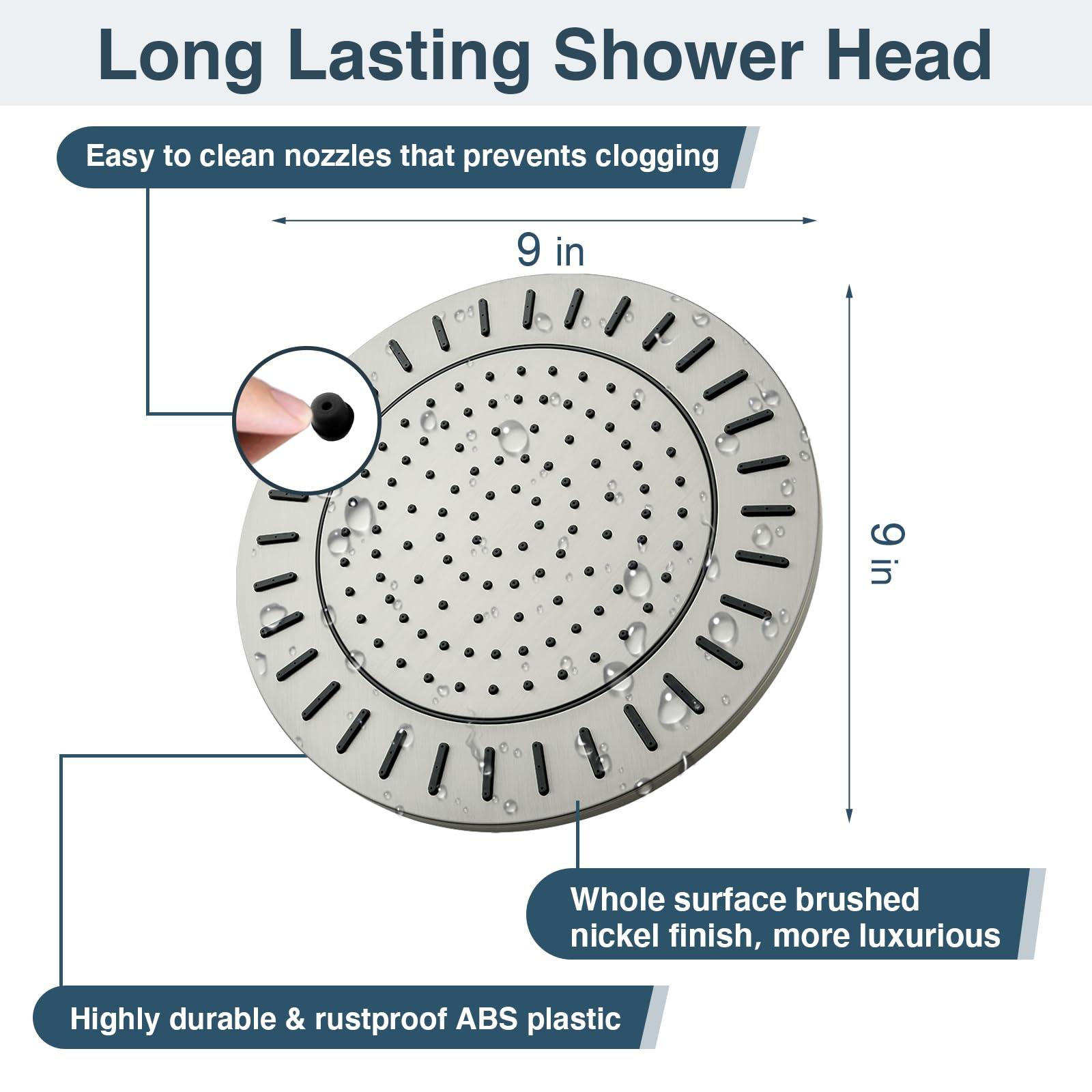 BRIGHT SHOWERS Rain Shower Head, 9 Inch High Pressure Waterfall Showerhead with Adjustable Angle and Anti-clogging Silicone Nozzles, Luxury Bathroom Overhead Shower, Brushed Nickel - Image 2