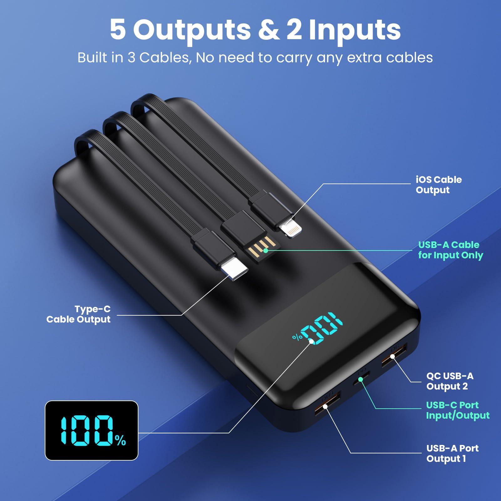 Portable Charger 40800mAh Power Bank with 3 Built-in Cable,25W PD USB C in&Out Power Bank Fast Phone Charging,QC4.0 LED Display Portable Battery Pack Compatible with iPhone 16/15, Galaxy Android-Black - Image 2