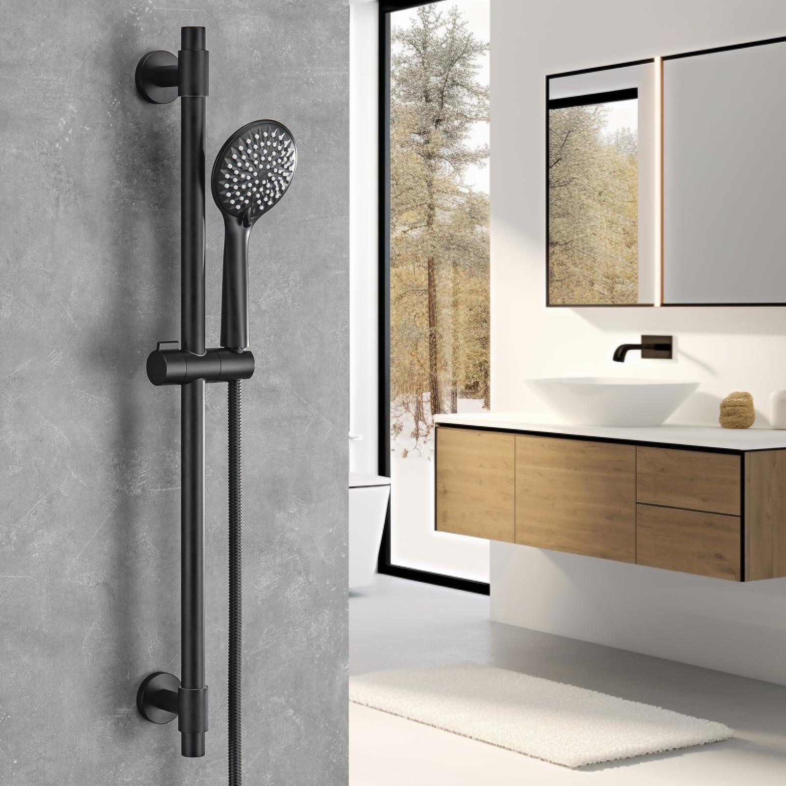 YSNOL Adjustable Shower Slide Bar with 5-Function Handheld Shower Head, Stainless Steel Grab Slide Bar Combo with Extra Hose (Matte Black) - Image 2