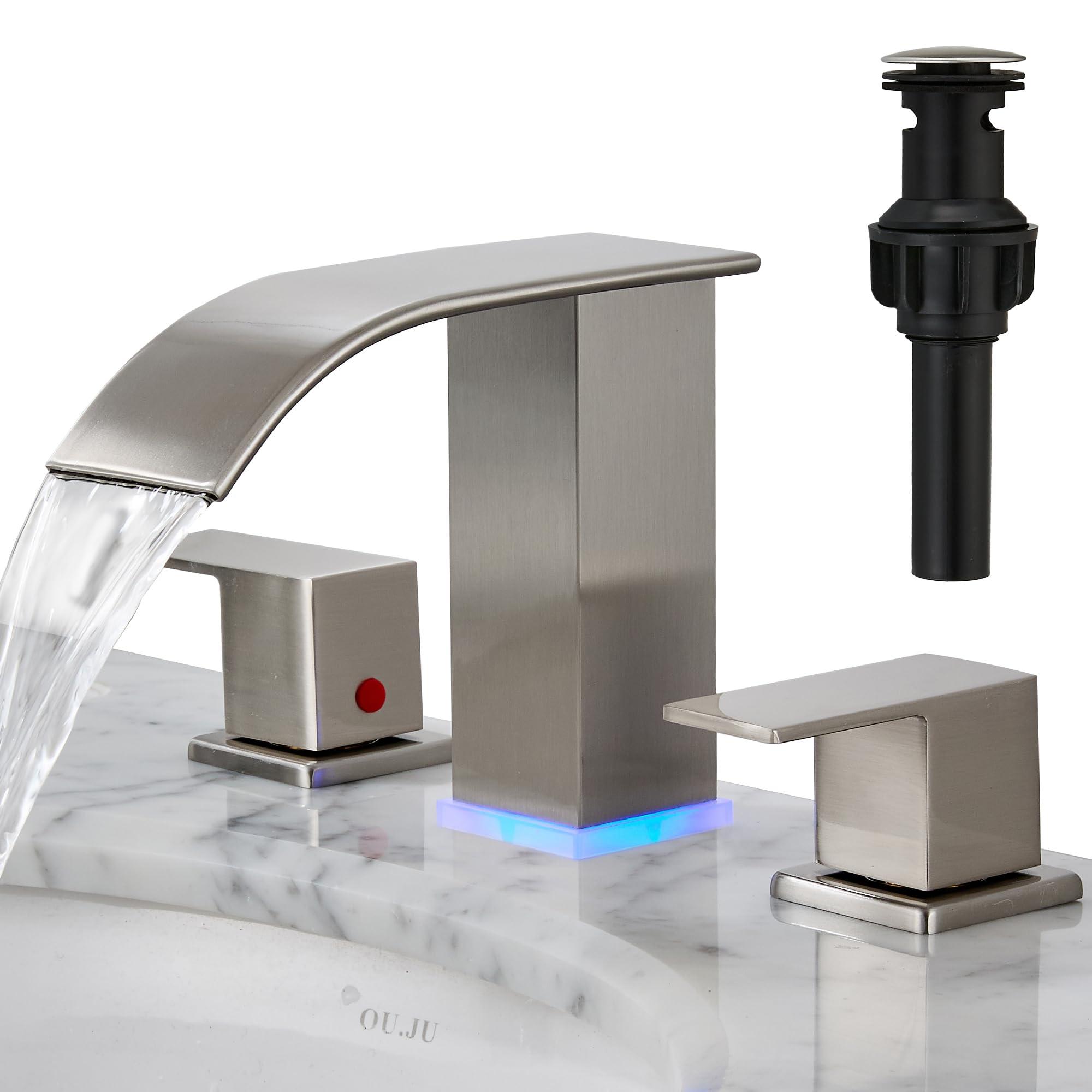 Bathroom faucets 3 Hole Brushed Nickel Vanity Faucet with led Waterfall Bathroom Faucet 3 Hole Sink Faucet Bathroom 8 inch Widespread Modern Parts Touch on 2 Handle