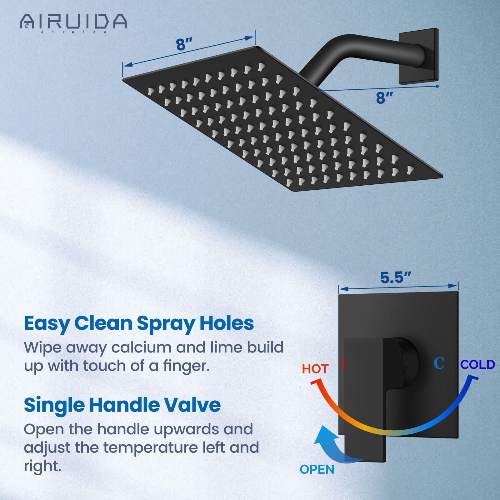 Airuida Shower Faucet Set Bathroom Rain Shower System SUS304 Stainless Steel Single Handle With Male Threads Rough-in Valve Shower Trim Kit 8 Inch Wall Mount Shower Head Matte Black - Image 3