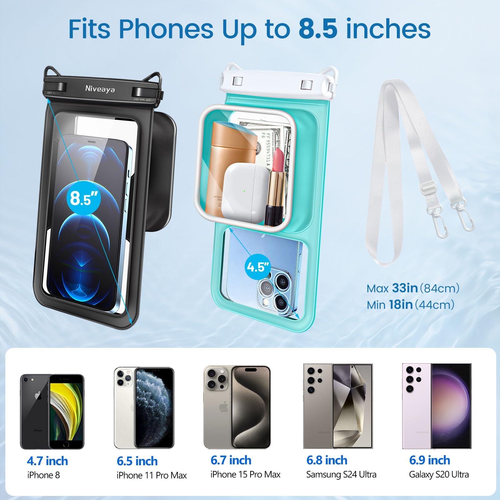 Niveaya [Floatable Floating Waterproof Phone Pouch 2 Pack-Up to 8.5", Large Space Adjustable Neck Lanyard Waterproof Phone Case, Phone Dry Bags for Vacation Beach Pool Kayak Cruise Travel Essentials - Image 4