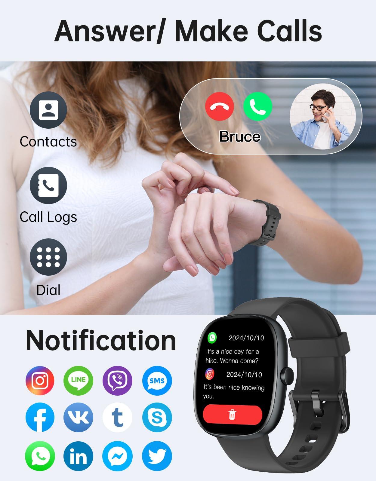 HUAKUA Smart Watches for Women Men (Answer/Make Calls), 1,85" HD Smart Watch for iPhone/Android Phones, Fitness Tracker with 100+ Sport Heart Rate/Sleep Monitor Pedometer IP68 Waterproof (Black) - Image 2