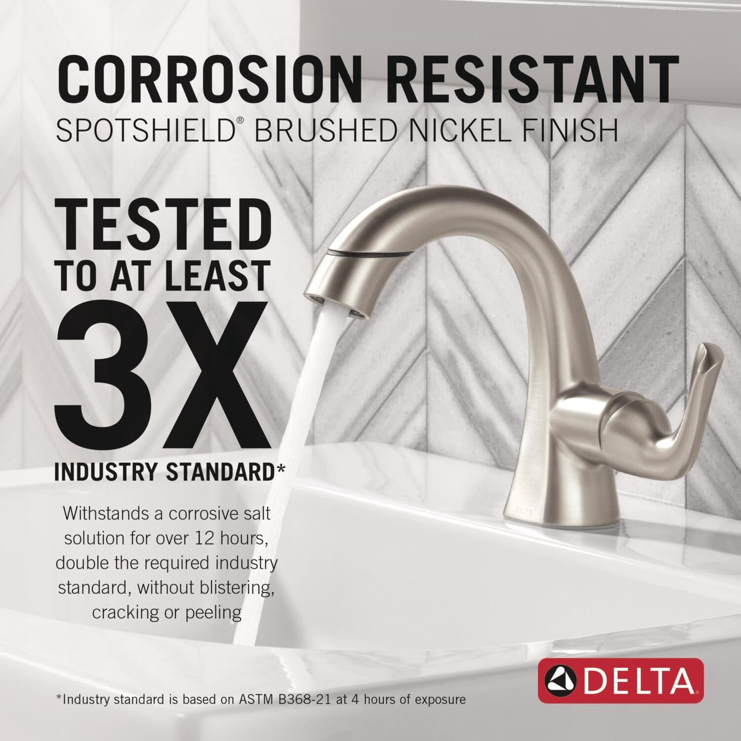Delta Arvo 1 Hole Pull Down Bathroom Faucet with Sprayer, Brushed Nickel Single Hole Bathroom Sink Faucet with Pull Out Sprayer for Vanity, Push-Pop Drain, SpotShield Stainless 15840LF-SPPD - Image 6