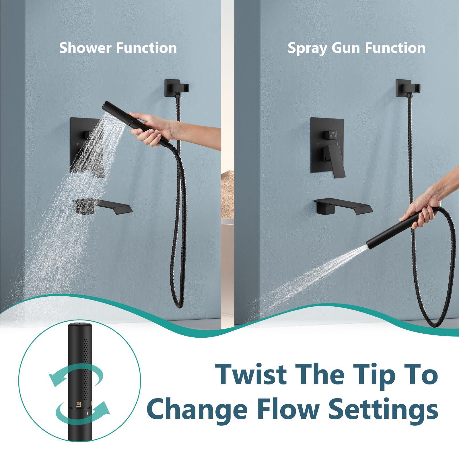 Aolemi 10 Inch Rainfall Shower Tub Faucet Set Wall Mount Tub and Shower Faucet Combo Shower System with 2 in 1 Handheld Sprayer Rough-in Valve Matte Black - Image 3