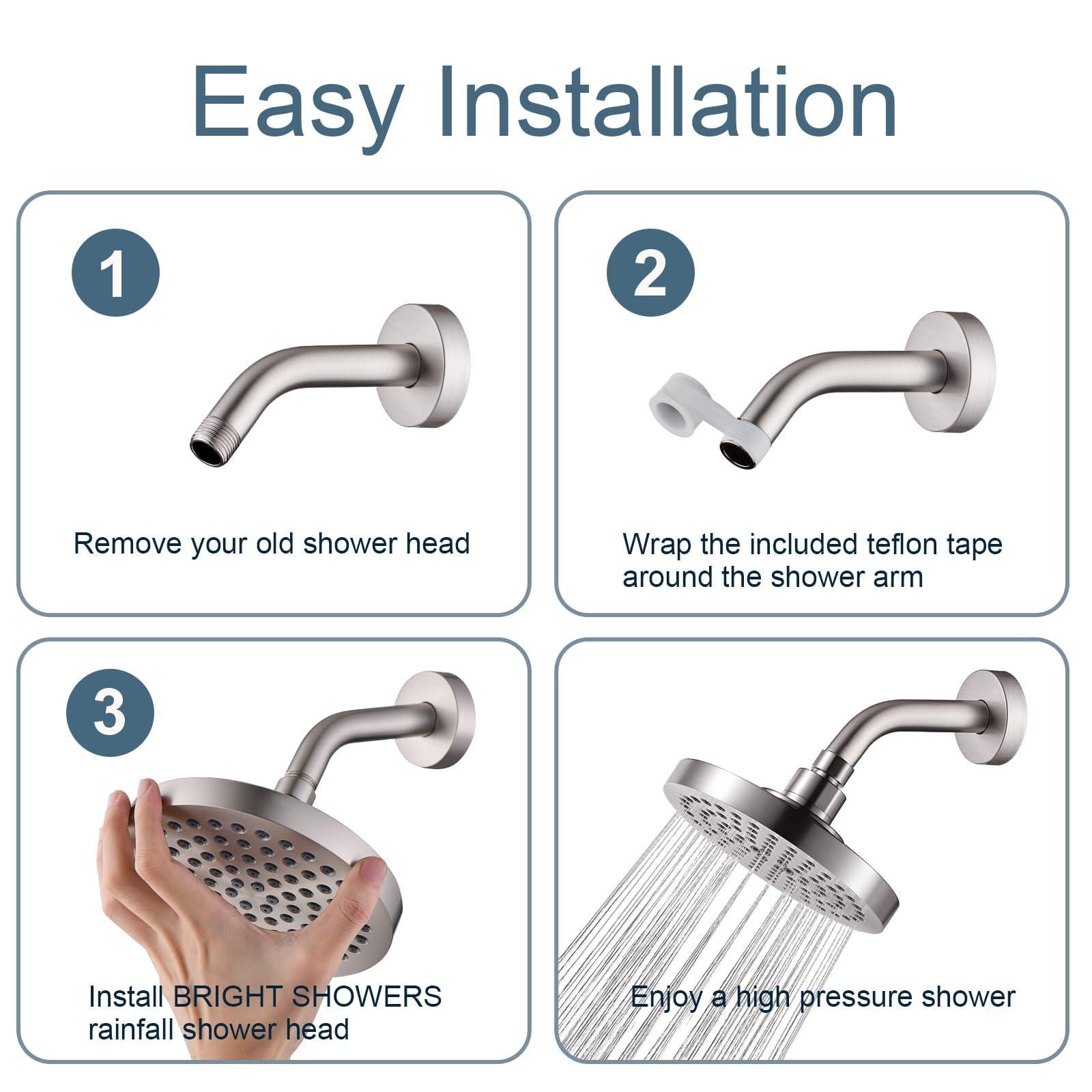 BRIGHT SHOWERS High Pressure Shower Head, 6 Inch Rain Shower Head, 2 Spray Settings Rainfall Shower Heads, Adjustable Angle Replacement Bathroom Showerhead, Easy Installation Brushed Nickel - Image 7