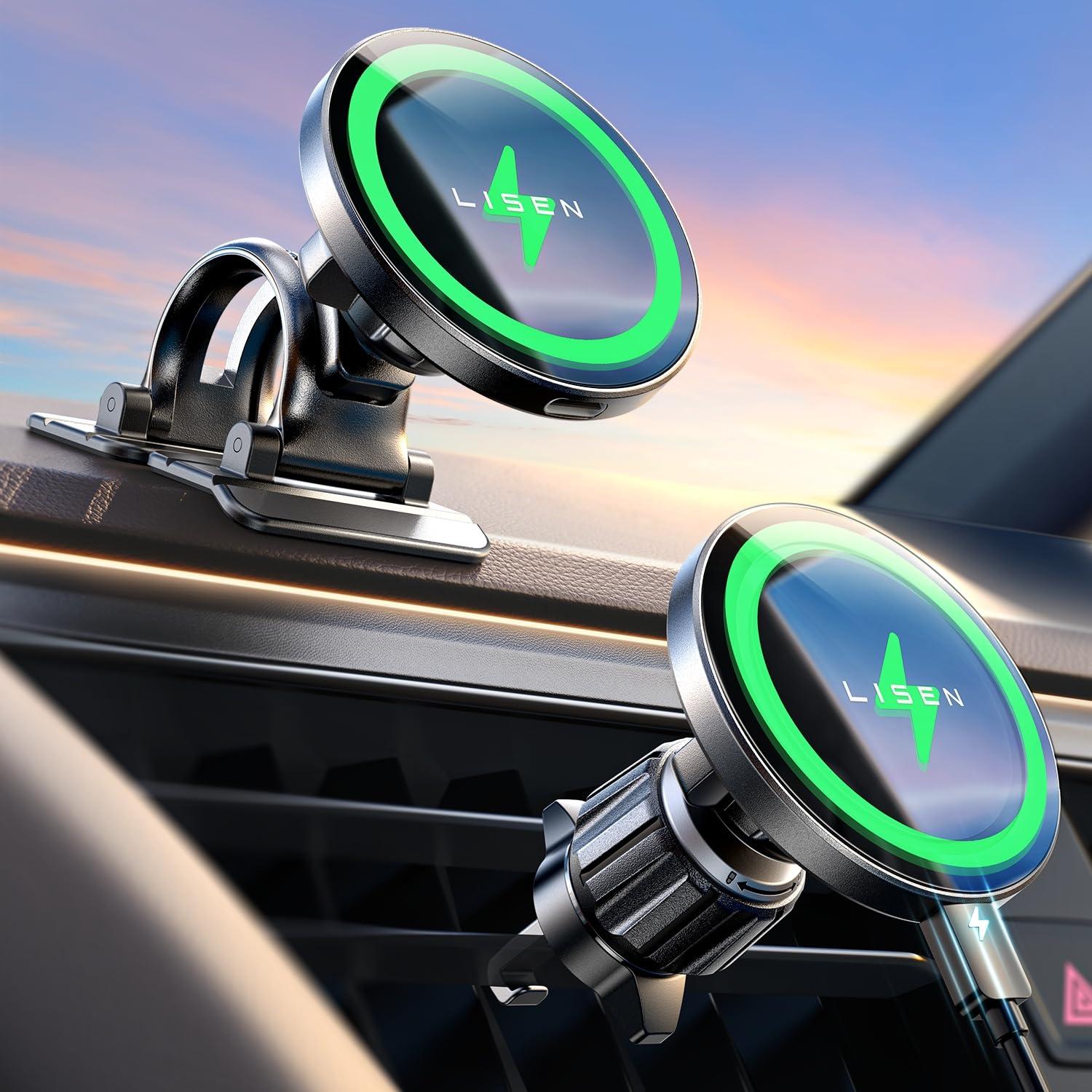 LISEN for 15W MagSafe Car Mount Charger,Magnetic Wireless Car Charger for iPhone 16 Pro Max Accessories,Magnetic Phone Holder for iPhone 16e 15 14 13 12,Samsung with MagSafe,Gifts for Men Women