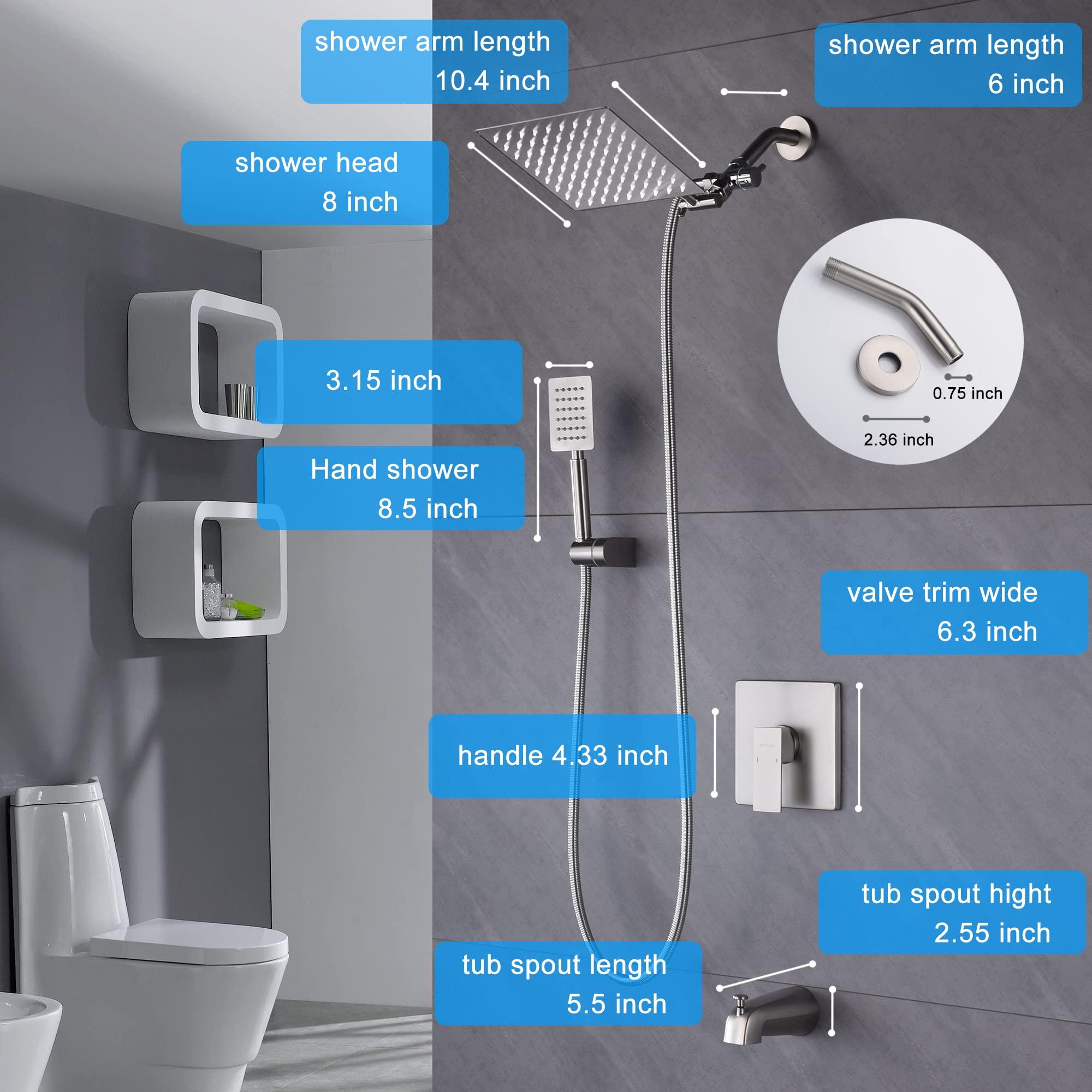 BLTFAUCER Tub Shower Faucet with 8 Inch Shower Head and Handheld, Shower Faucet Set Complete with Adjustable Extension Shower Arm, Tub Spout, Pressure Balance Rough-in Valve Included(Brushed Nickel) - Image 2