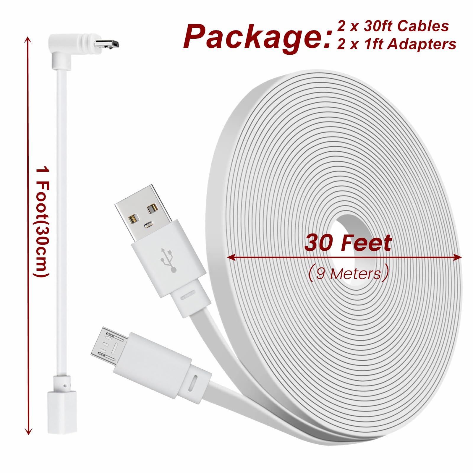 2-Pack 30ft Power Cable for Wyze Cam v4,Wyze Cam Pan v3,Wyze OG,Wyze Cam v3 Pro Security Cameras - 9m Long Flat Extension Micro USB Charging Cord with L-Shaped Short Adapter & 18W Fast Charger, White - Image 7
