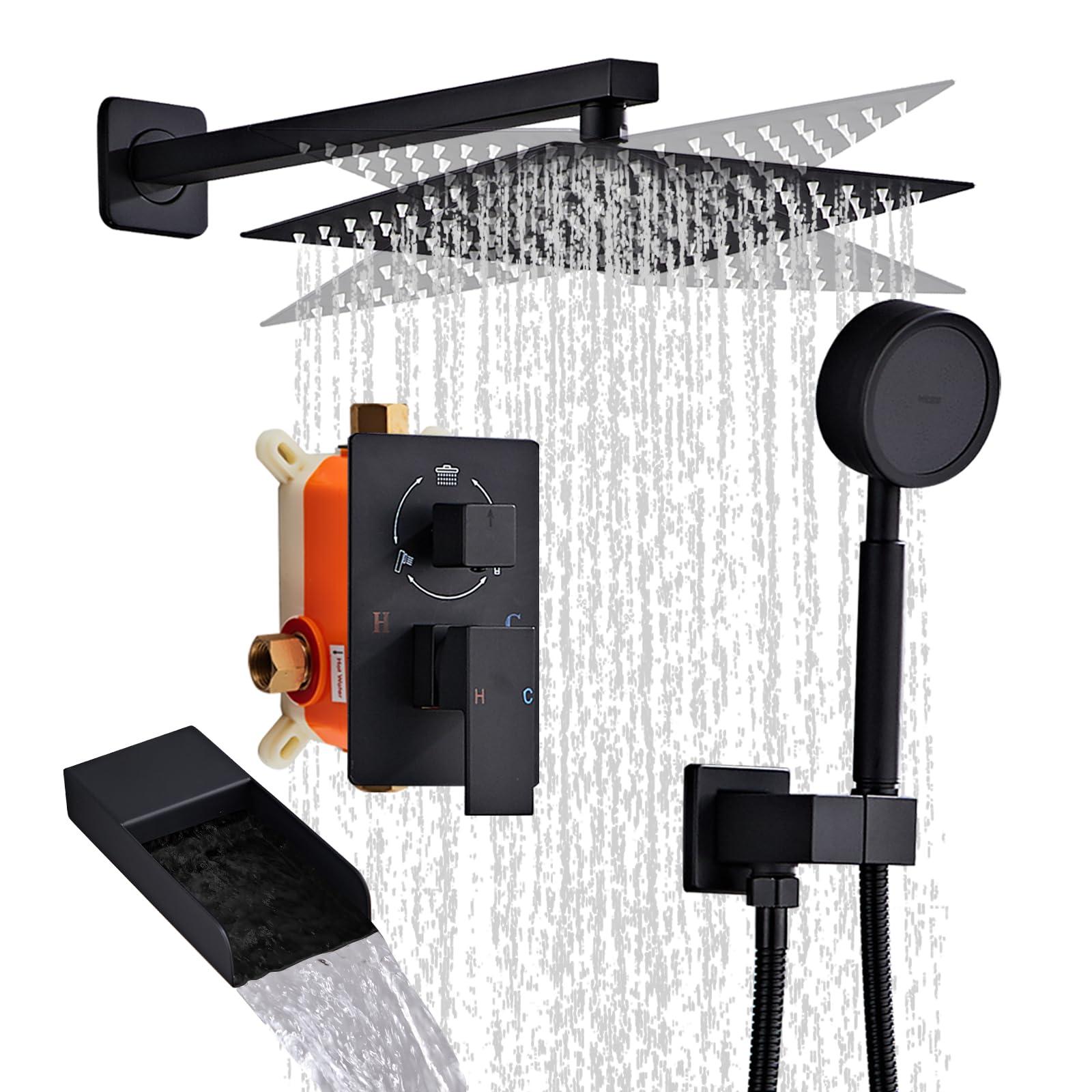 RTTWYYUU Matte Black Shower System With Tub Spout Faucet Set, Wall Mounted 10 Inch Shower Heads with Handheld Spray Combo and Tub Shower Faucet, Luxury Bathroom Square Rain Shower System - 4 Hooks
