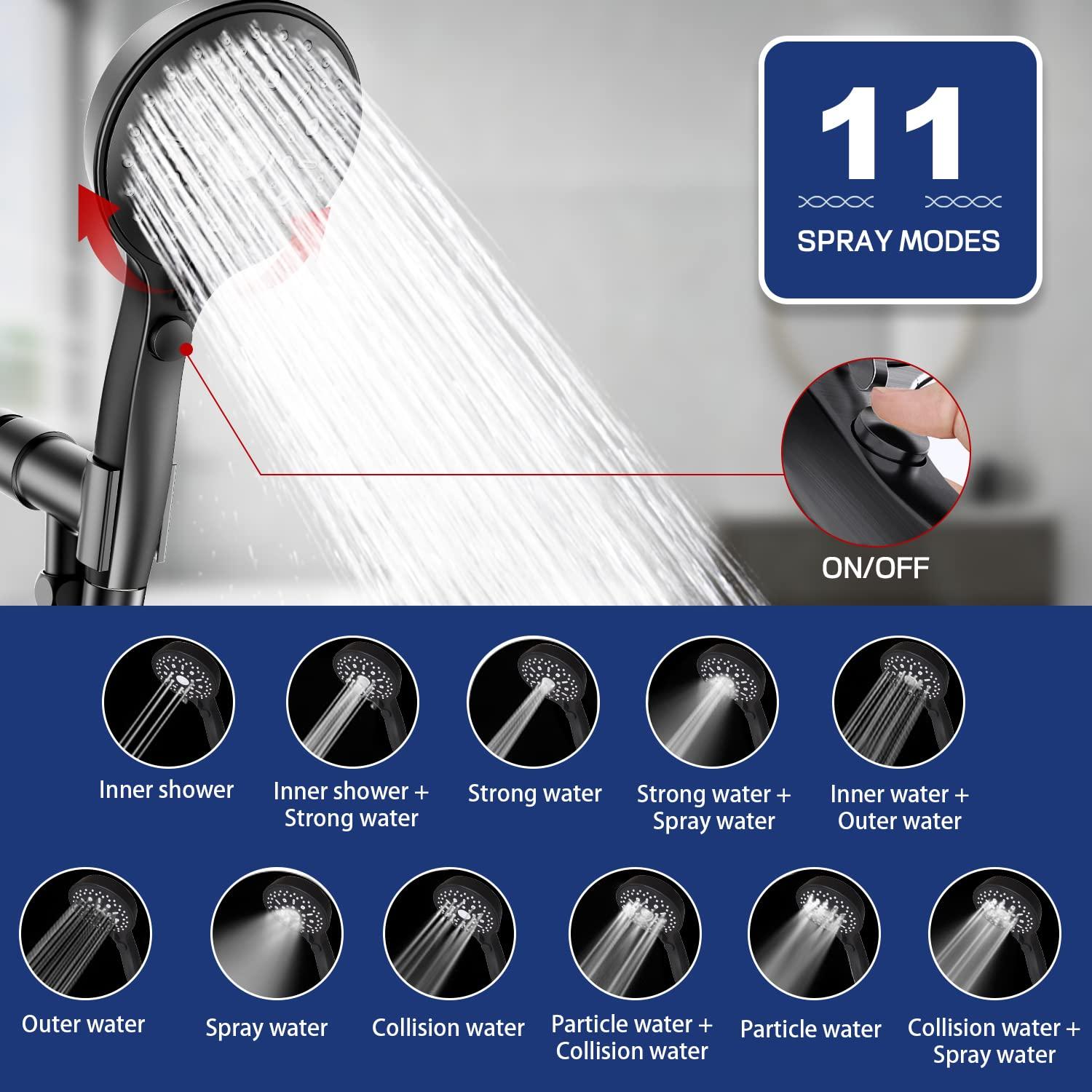 High Pressure Handheld Shower Head 11 Spray Settings, 4.85 inch Pause Switch Water Saving Shower Head, Removable High Flow Bathroom Showerhead with Long Hose and Adjustable Bracket (Matte Black) - Image 4