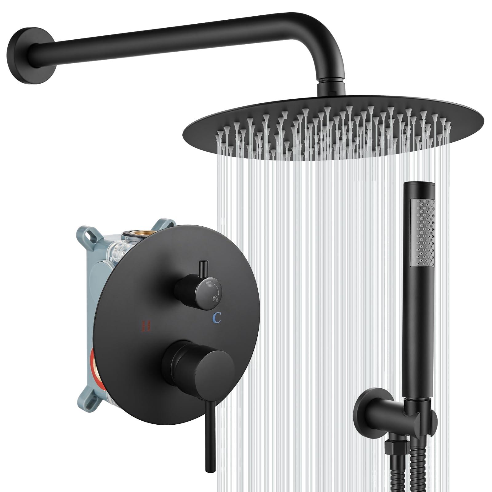 gotonovo Shower System 10 Inch Round Rainfall Showerhead Wall Mounted High Pressure Shower Faucet Set Fixture Combo with Rough in Valve and Cylindrical Handheld Spray, Matte Black