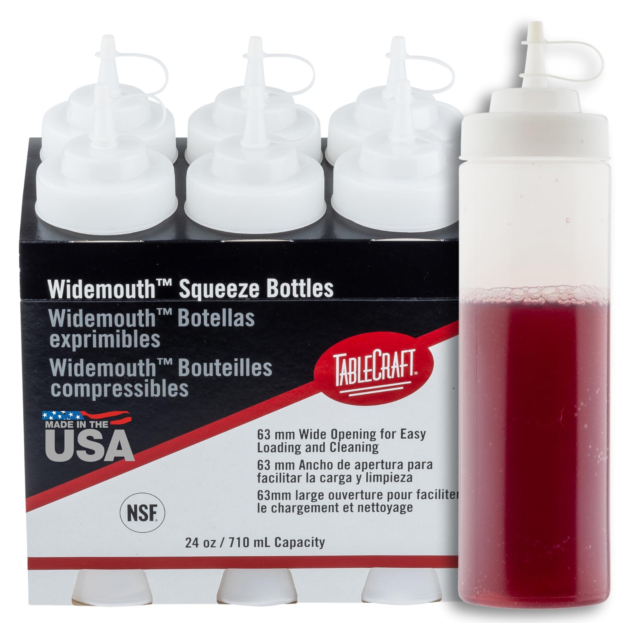 Tablecraft 12633 Widemouth Condiment Squeeze Bottles, 63 mm Wide Opening, Cone-Tip Top, Tethered Cap, Clear Sauce Dispensers for Food Prep, 24 oz (710 mL), NSF, Made in USA, Pack of 6