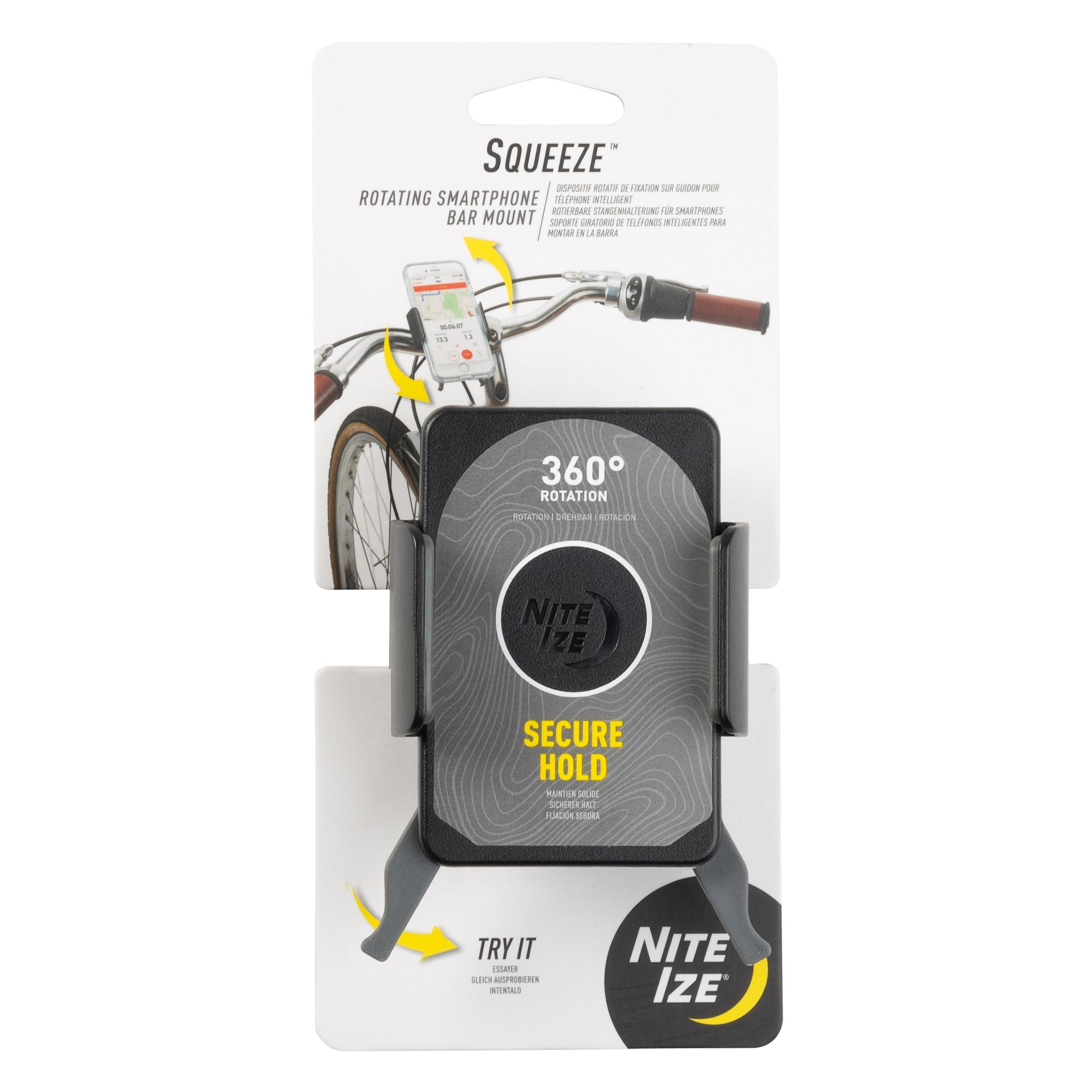 Nite Ize Squeeze Rotating Smartphone Bar Mount - Bike Mount Phone Holder for Handlebars - Phone Holster Accessories - Rotating Phone Holder with Easy-to-Squeeze Levers - Black