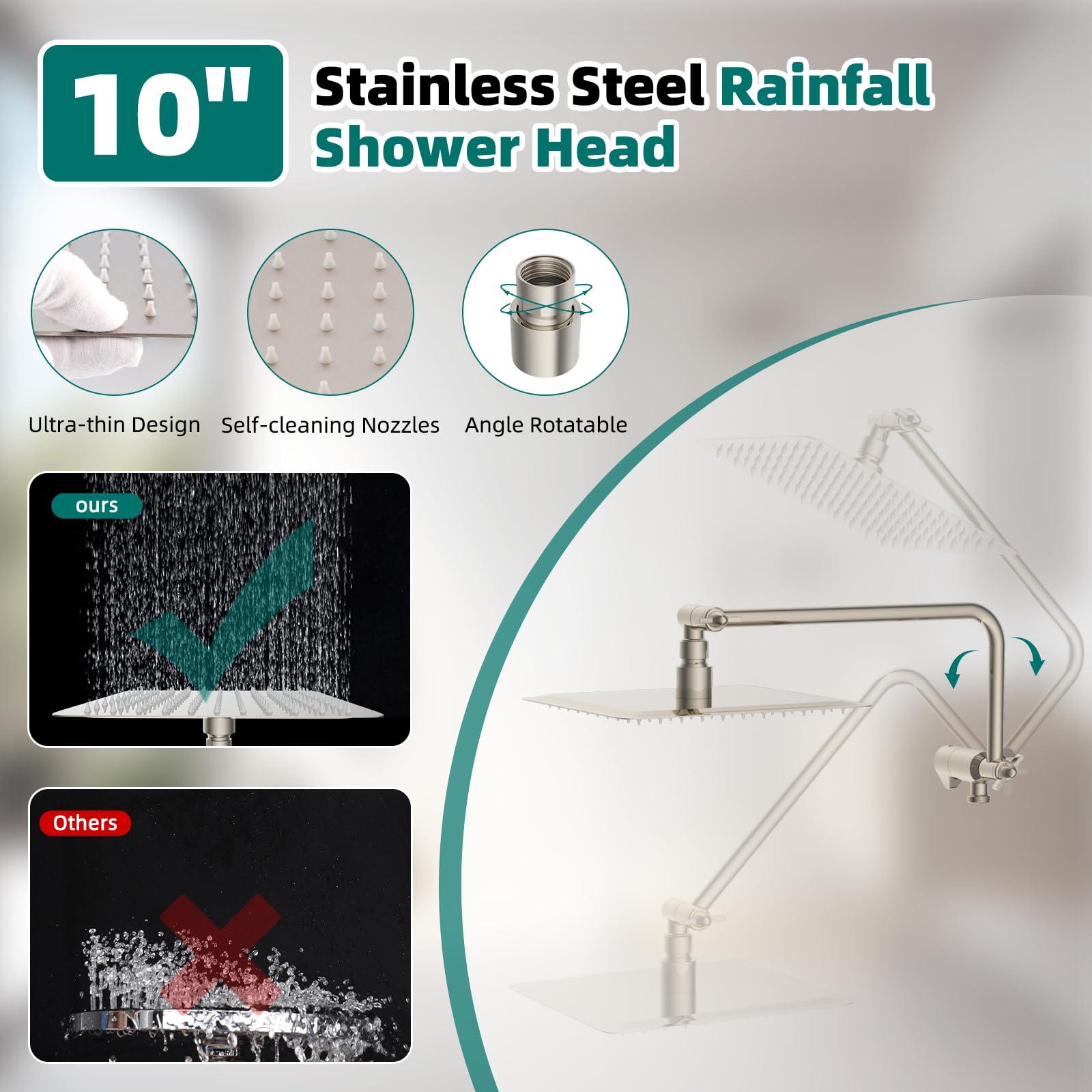 Hygie Rinse 10" All Metal Shower Head Combo, High Pressure 10-Spray Handheld Showerhead Rainfall Shower Head, 71" Long Hose, 3-Way Diverter Valve, Brushed Nickel - Image 4