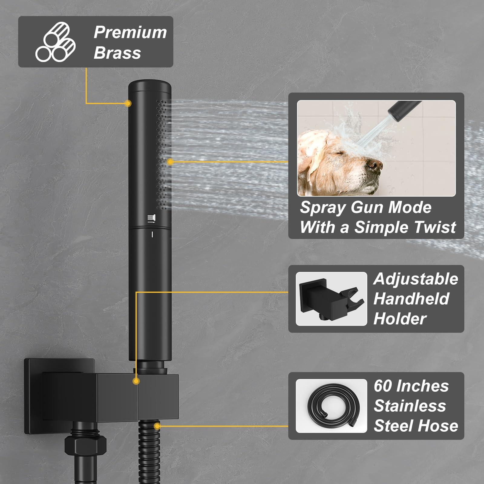 BESy Shower System with 12 Inch Rain Shower Head and Handheld Wall Mounted, High Pressure Rainfall Shower Faucet Fixture Combo Set with 2 in 1 Handheld Showerhead for Bathroom, Matte Black - Image 5