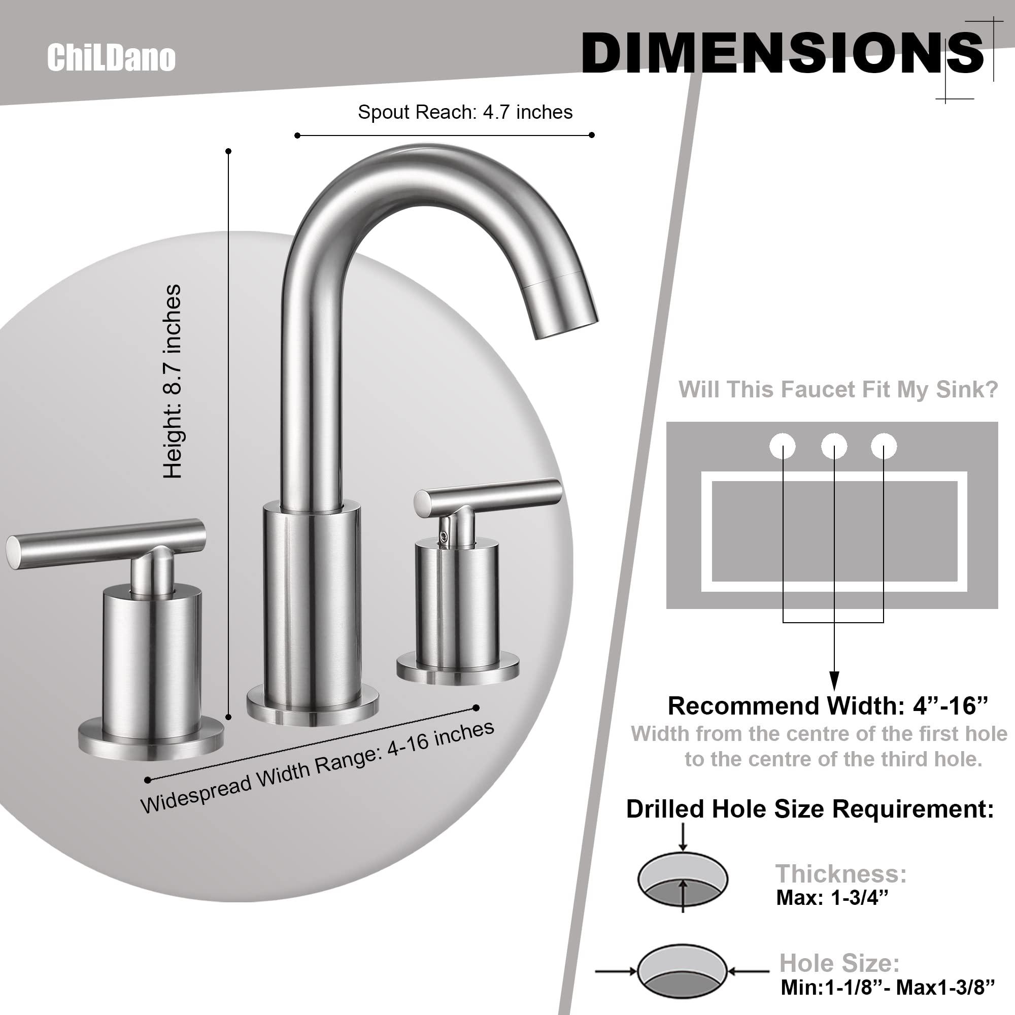 Widespread Bathroom Faucet with Sink Drain and Supply Hose, Brushed Nickel 3 Hole Faucet for Bathroom Sink, ChiLDano Satin Nickel 2 Handle Bathroom Faucet CH2183BN - Image 2
