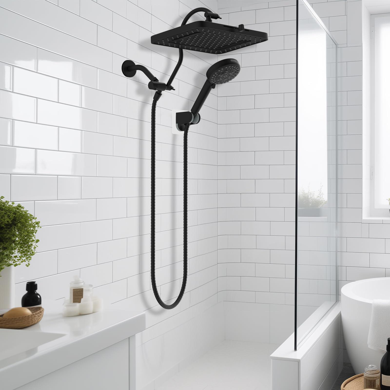 Hibbent Upgraded 5-spray 13'' Shower Head, High Pressure Rainfall Shower Head, Dual Showerhead Combo with 10-mode Handheld Spray, 12'' Adjustable Extension Arm, 71'' Hose, Shower Holder, Matte Black - Image 2