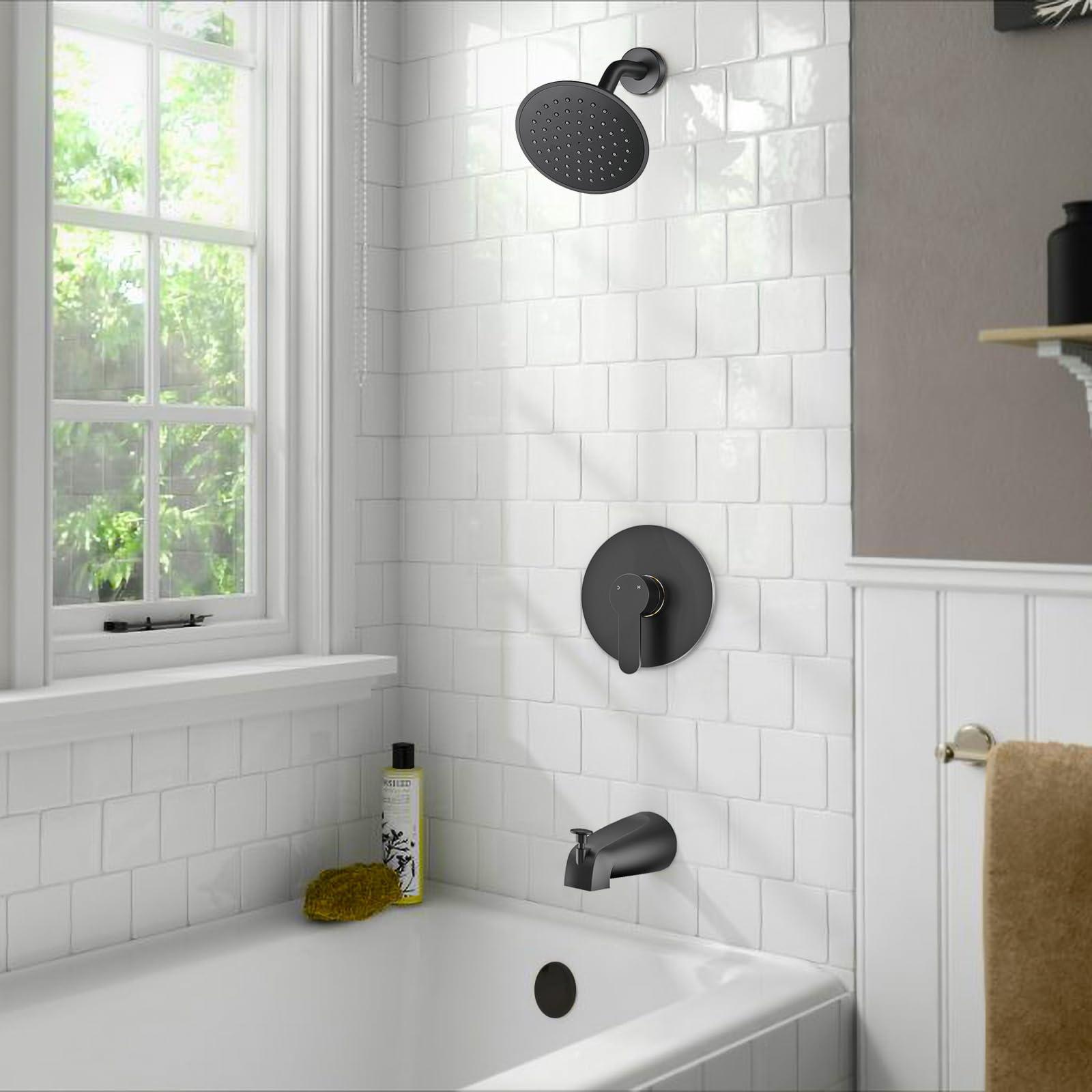 WRISIN Black Shower Faucet Set with Tub Spout, Black Shower Head and Handle Set, Bathtub Faucet Set with 6 Inch High-Pressure Rain Showerhead - Image 2