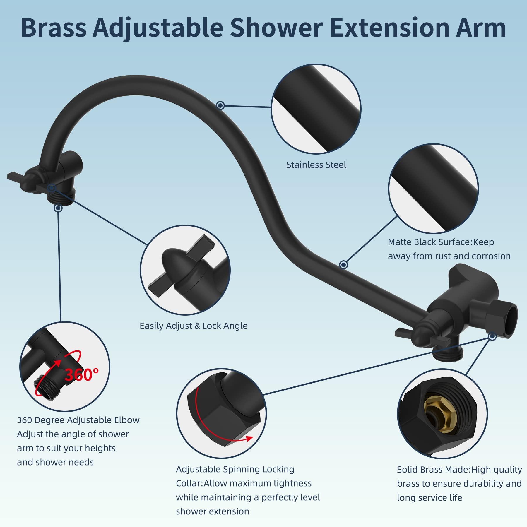 Hibbent All Metal High Pressure Rainfall 10 Inch Shower Head/Handheld Showerhead Combo/ 12 Inch Adjustable Curved Shower Extension Arm, 7-Spray, 71-inch Hose, Adhesive Showerhead Holder, Matte Black - Image 9