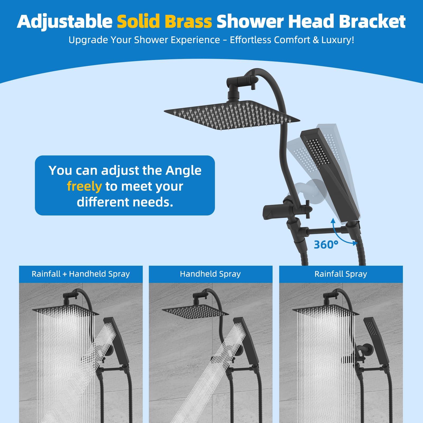 Hibbent All Metal Shower Head, 10'' High Pressure Rainfall Shower Head, Showerhead Combo, Handheld Shower Wand, 12'' Adjustable Curved Shower Extension Arm, 71'' Hose, Shower Head Holder, Matte Black - Image 7