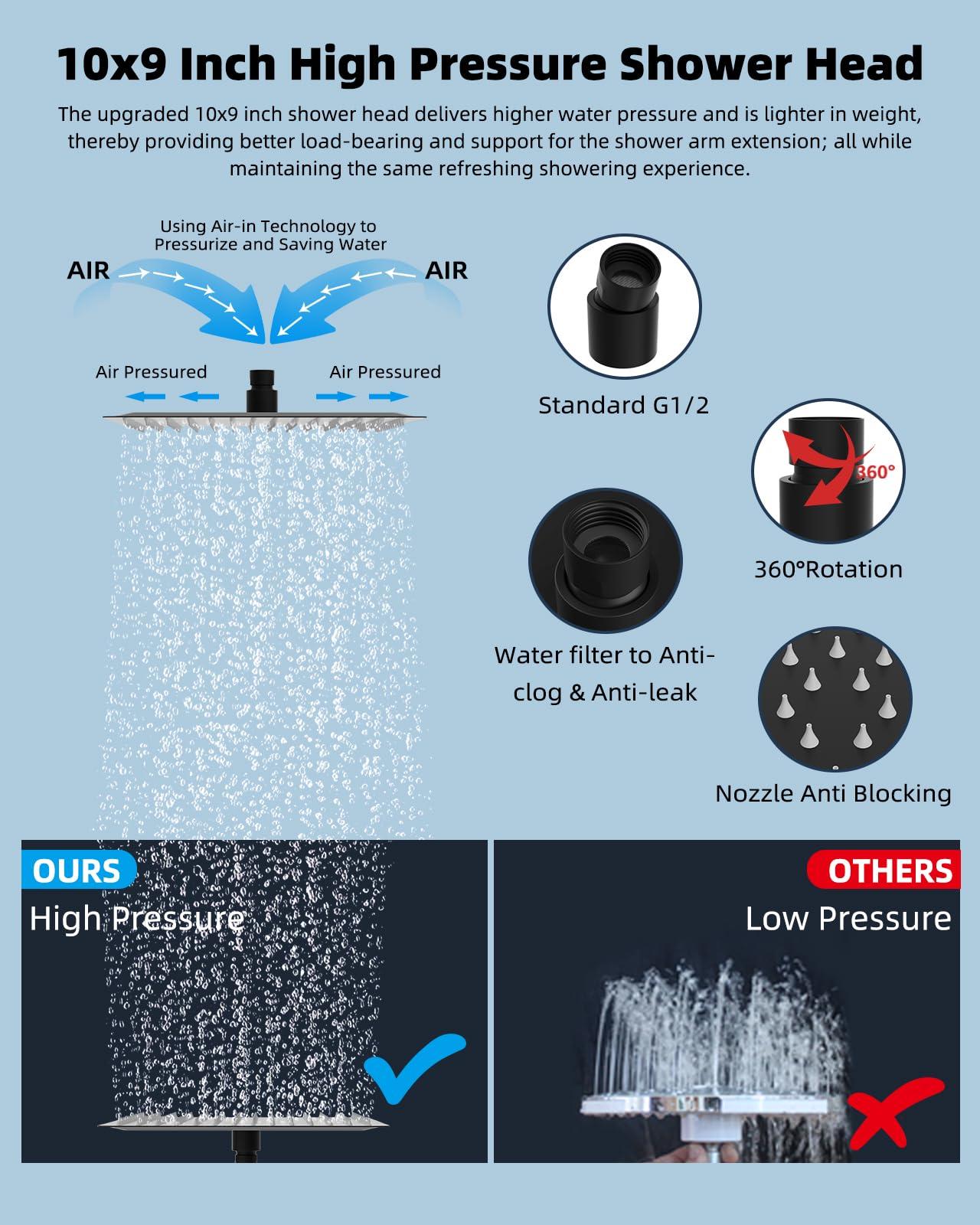 Hibbent All Metal 10'' Filtered Rainfall Shower Head Combo, High Pressure Handheld Shower Wand, 12'' Adjustable Extension Arm, 20 Stage Shower Filter, 71'' Hose, 2 Shower Head Holders, Matte Black - Image 4