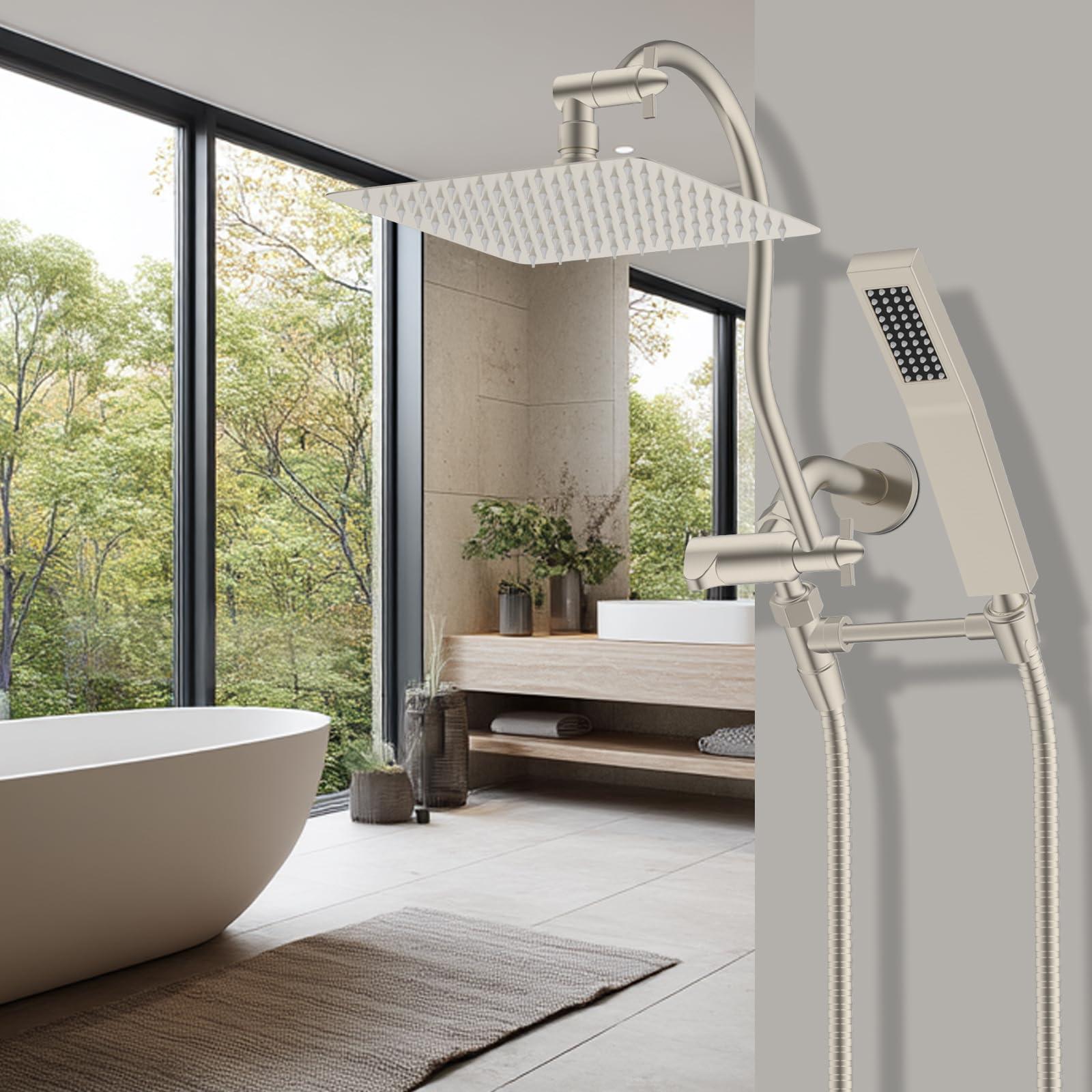 Hibbent All Metal Shower Head, 10'' High Pressure Rainfall Shower Head, Showerhead Combo, Handheld Shower Wand, 12'' Adjustable Curved Extension Arm, 71'' Hose, Shower Head Holder, Brushed Nickel - Image 2