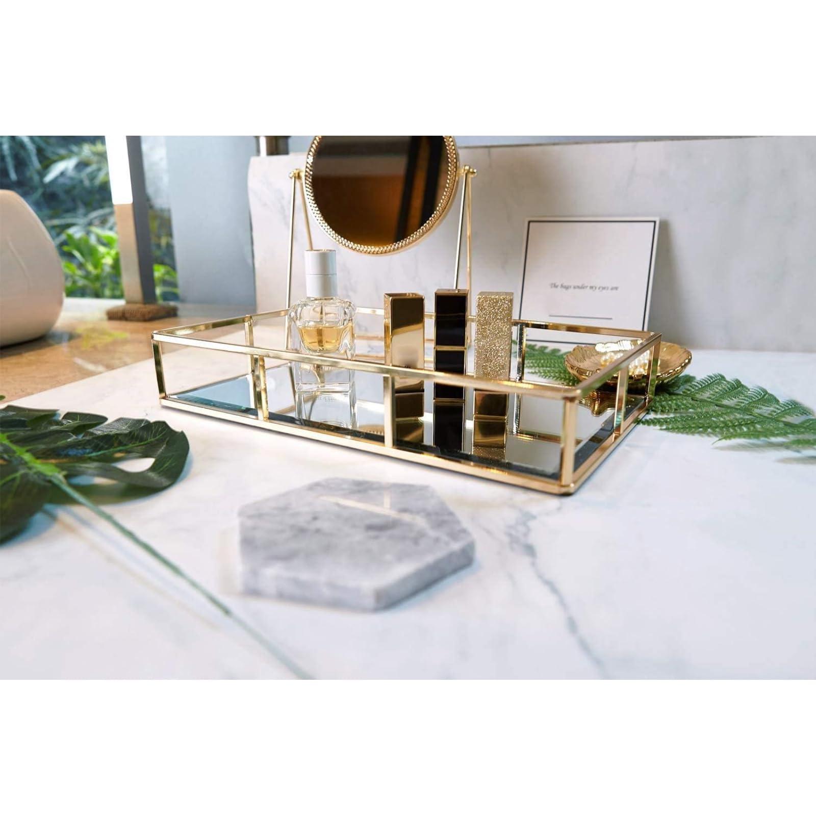 PuTwo Tray Mirror, Gold Dresser Ornate Tray Metal Decorative Tray Jewelry Perfume Organizer Makeup Tray for Vanity, Dresser, Bathroom, Bedroom - Image 5