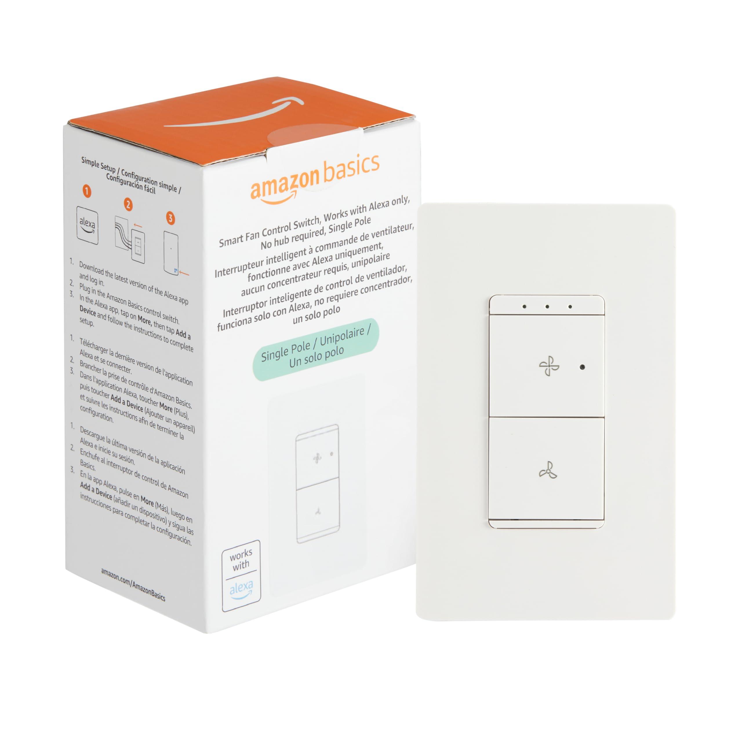 Amazon Basics Smart Fan Control Switch, Single Pole, Works with Alexa Only, 2.4 GHz Wi-Fi, No Hub Required, White