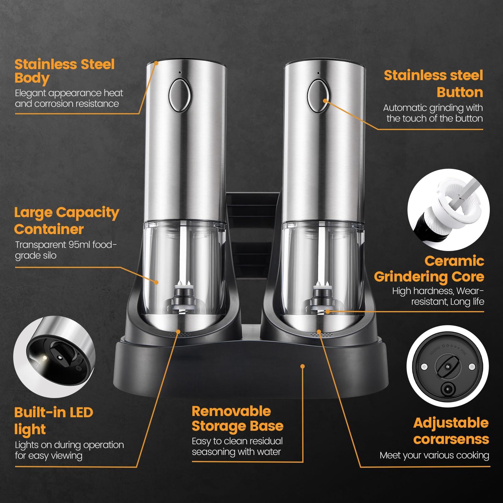 Electric Salt and Pepper Grinder Set — Automatic Rechargeable Salt / Pepper Grinder with Charging Base and LED Light, Adjustable Coarseness, Large Capacity, One-handed Operation Salt Pepper Mills - Image 7