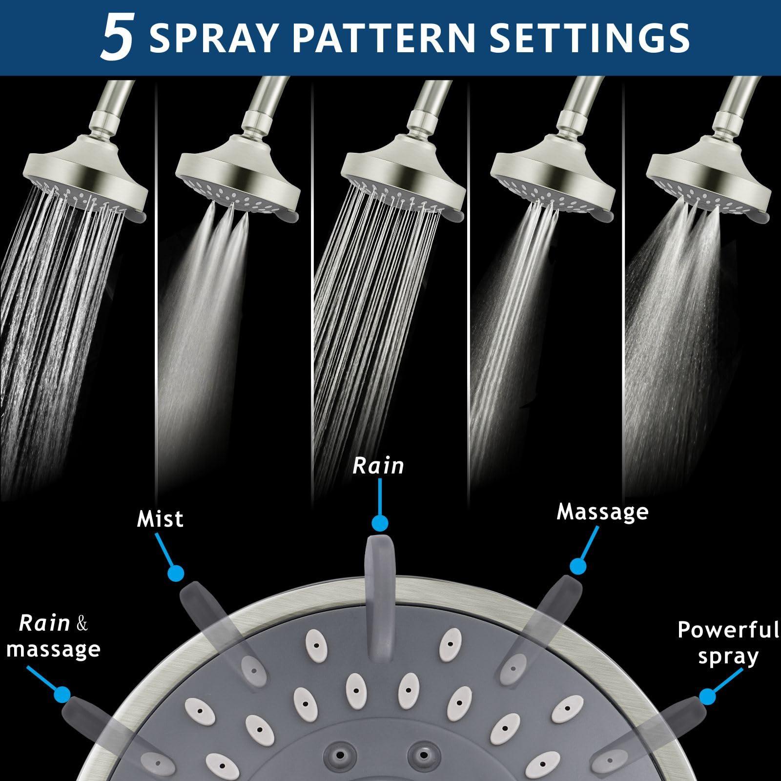 Voolan High Pressure Shower Head - 4 Inch Rain Showerhead - High Flow Bathroom Shower with 5 Spray Settings For a Luxury Showering Experience Even with Low Water Pressure (Brushed Nickel) - Image 3