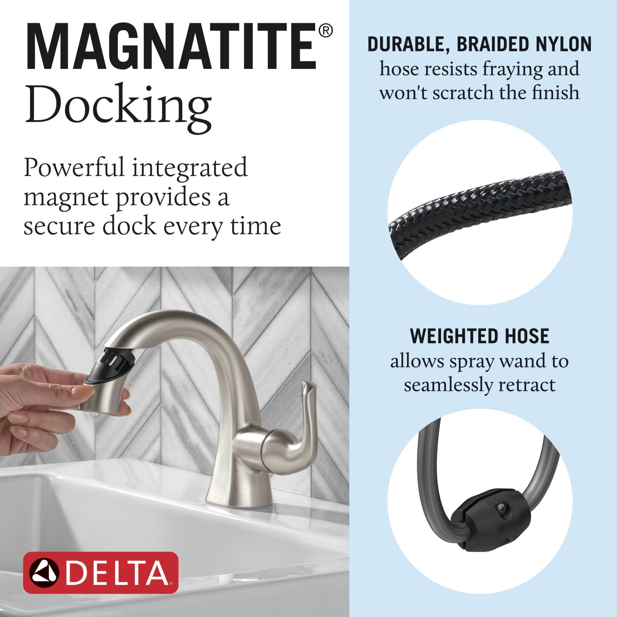 Delta Arvo 1 Hole Pull Down Bathroom Faucet with Sprayer, Brushed Nickel Single Hole Bathroom Sink Faucet with Pull Out Sprayer for Vanity, Push-Pop Drain, SpotShield Stainless 15840LF-SPPD - Image 5