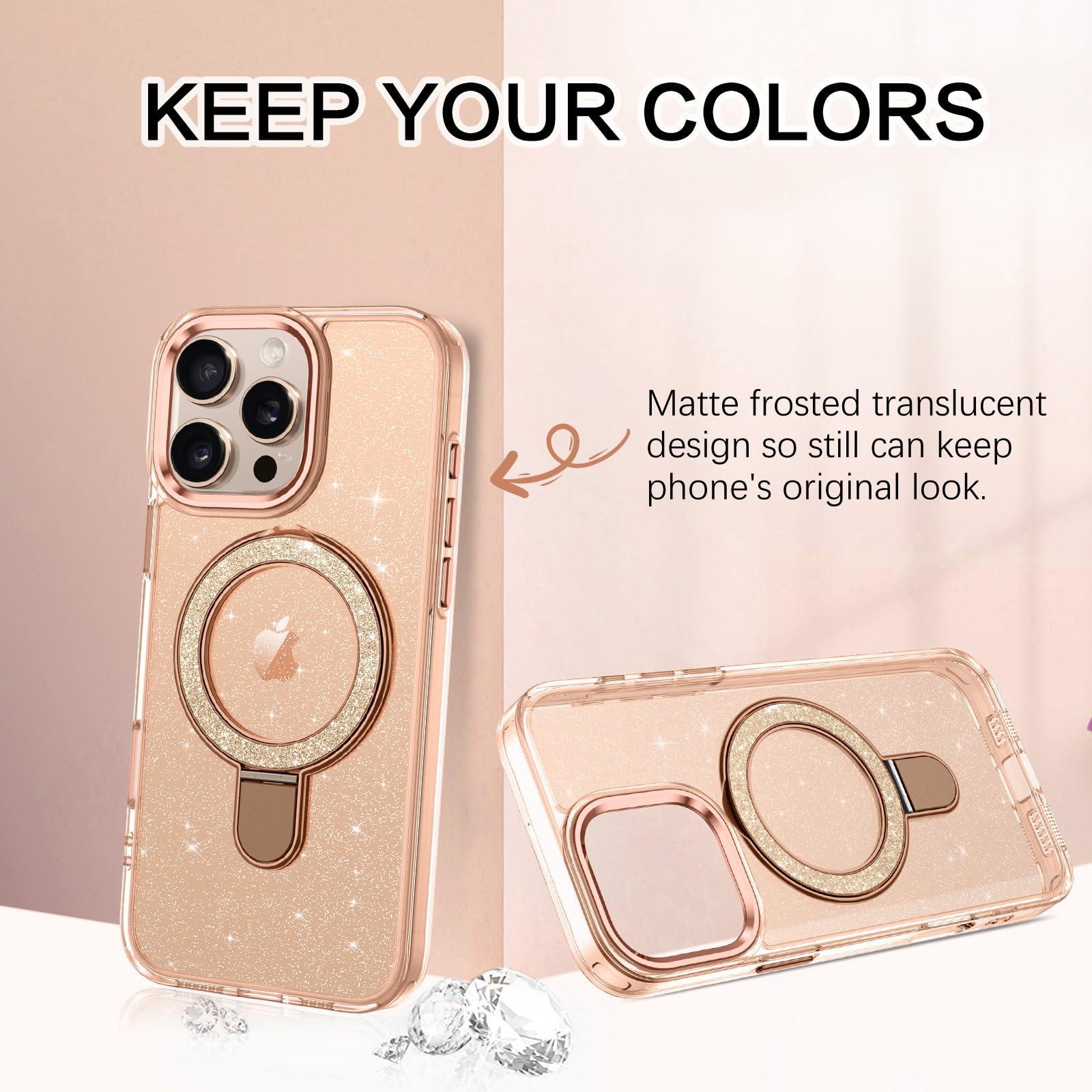 VENINGO iPhone 16 Pro Max Case, Magnetic Slim MagSafe Car Mount Supported Ring Holder Kickstand Sparkle Glitter Not Yellow Shockproof Protective Phone Cover for iPhone 16 Pro Max 6.9", Desert Titanium - Image 4