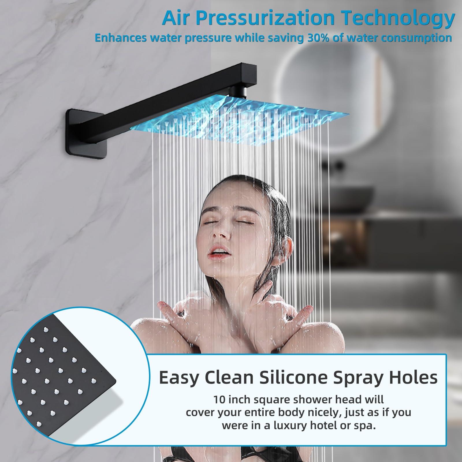 RTTWYYUU Matte Black Shower Faucet Set with Tub Spout 10 Inch, Shower Head and Handle with 2 Hooks, Tub and Shower Faucet Combo, Rain Shower and Handheld Shower System Square Wall Mount for Bathroom - Image 2