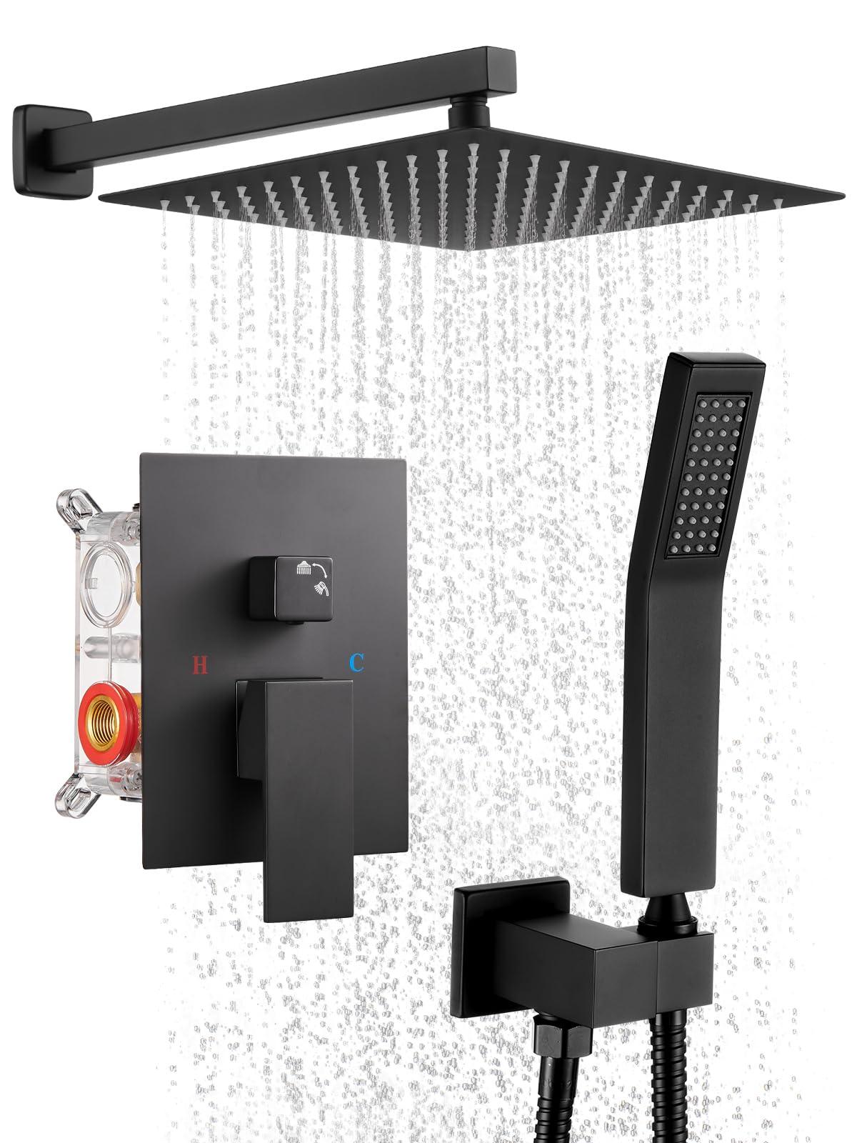 Cobbe Shower System, Shower Faucets Sets Complete, 12 Inches Matte Black Shower Fixtures with Handheld, Black Shower Faucet Set for Bathroom Rough-in Valve Body and Trim Included