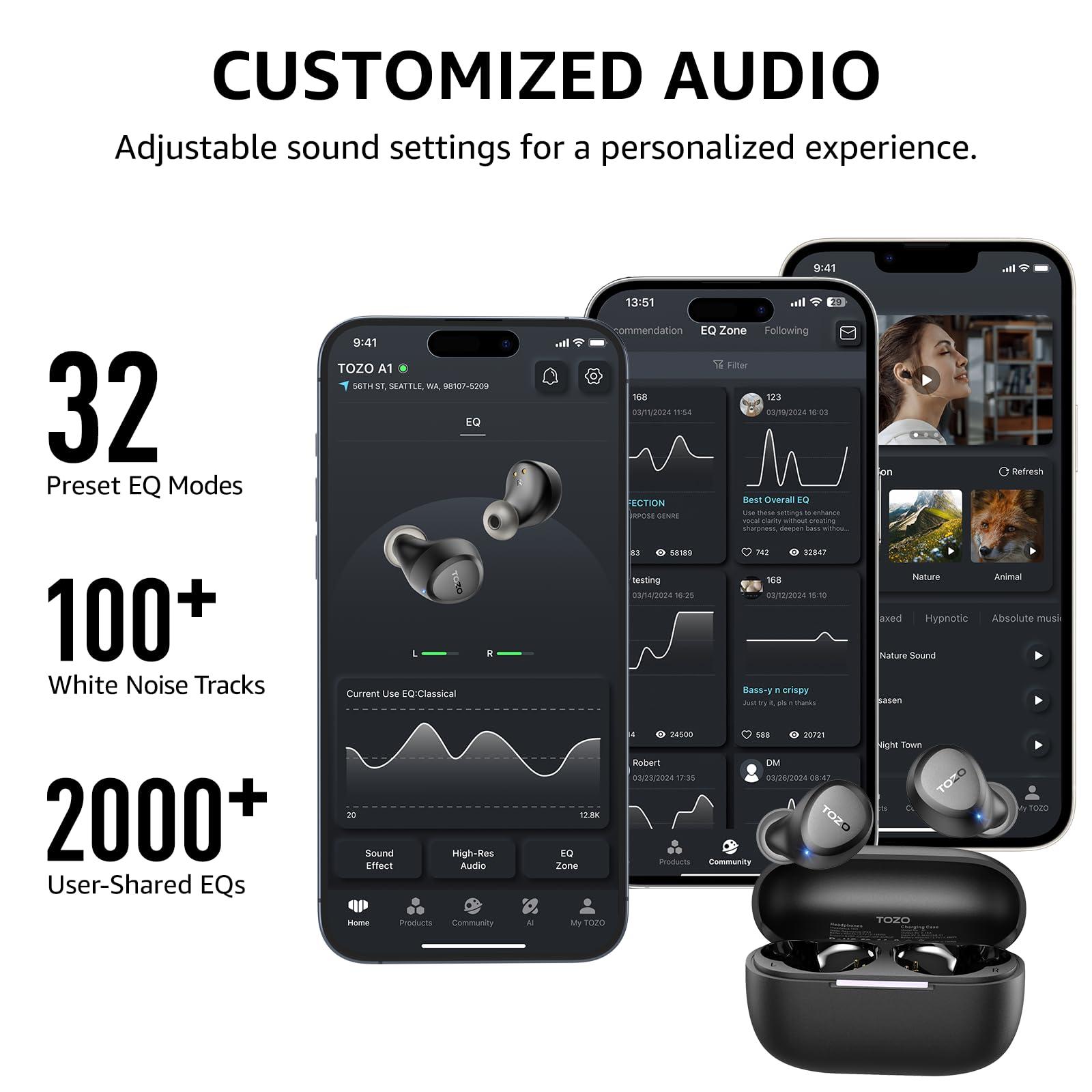 TOZO A1 Wireless Earbuds Bluetooth 5.3 Light Weight in Ear IPX5 Waterproof Headphones 2 Mic for AI Calls, Immersive Premium Sound Bass Headset with Charging Case, 32 Presets EQ Customization via App - Image 6