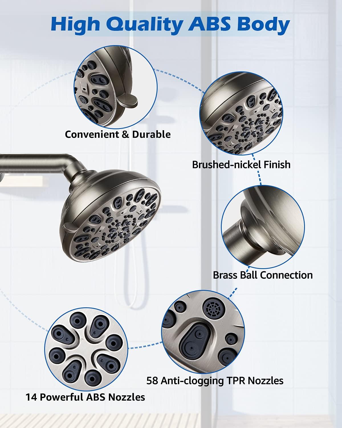 High Pressure Shower Head VMASSTONE 4.7" Rain Fixed Showerhead 7-Spray Setting with Adjustable Brass Swivel Ball Joint - Excellent Replacement for Your Bath Shower Head (FM-001 Brushed Nickel) - Image 4
