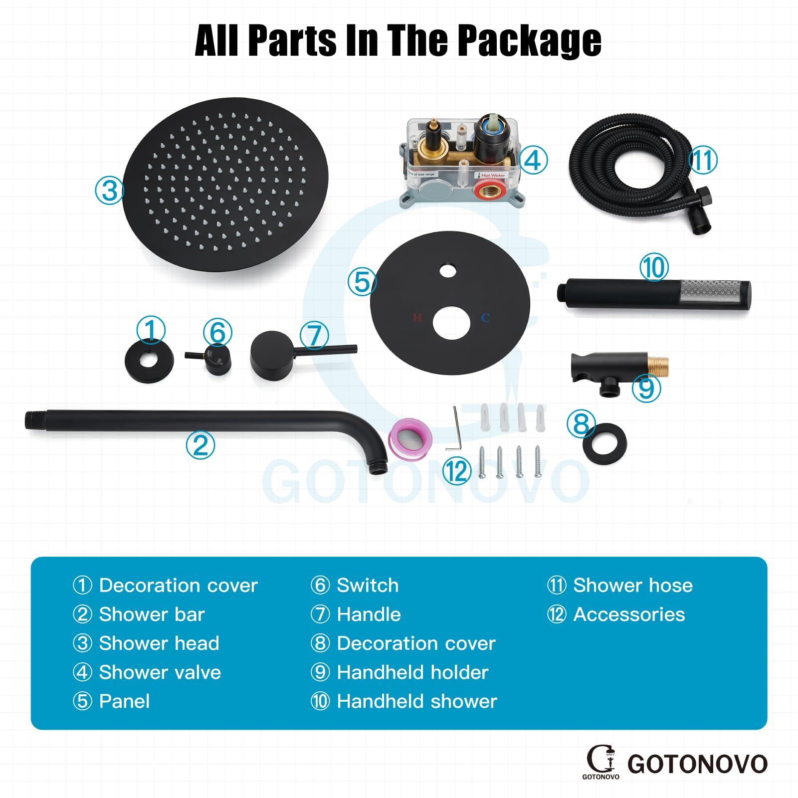 gotonovo Shower System 10 Inch Round Rainfall Showerhead Wall Mounted High Pressure Shower Faucet Set Fixture Combo with Rough in Valve and Cylindrical Handheld Spray, Matte Black - Image 9