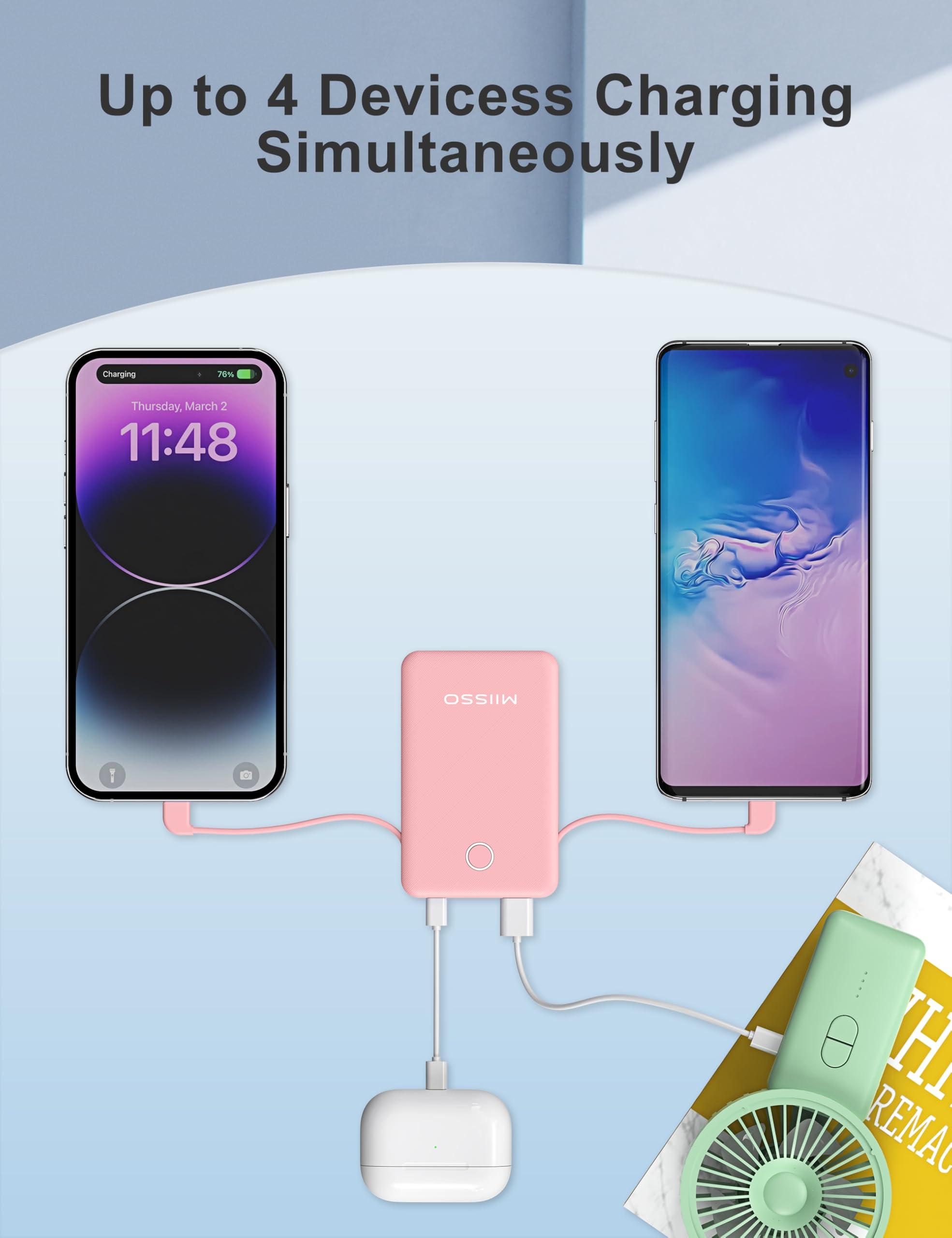 6000mah Ultra Slim Built in Cables Power Bank, Card Size Built in USB C Cords Battery Pack Portable Charger for Phones, 3 Output External Battery Pack Compatible with iPhone, Samsung, Google, Pink - Image 6