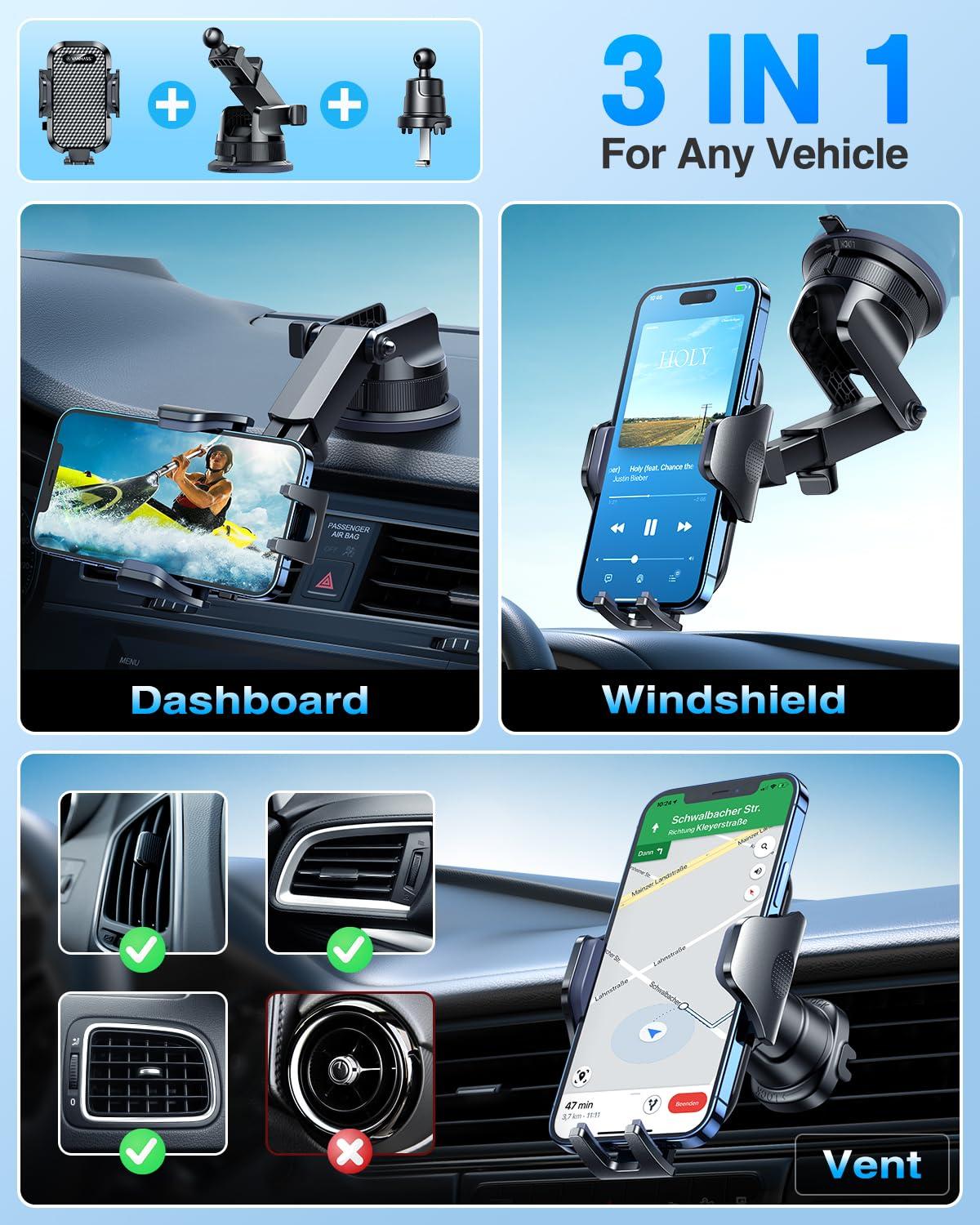 [2025 True Military-Grade] Car Phone Holder VANMASS [Upgraded Strongest Suction & Clip] Cell Phone Mount for Dashboard Windshield Vent,Truck Cradle Stand for iPhone 16 Pro Max 15 14 13 Samsung Android - Image 4