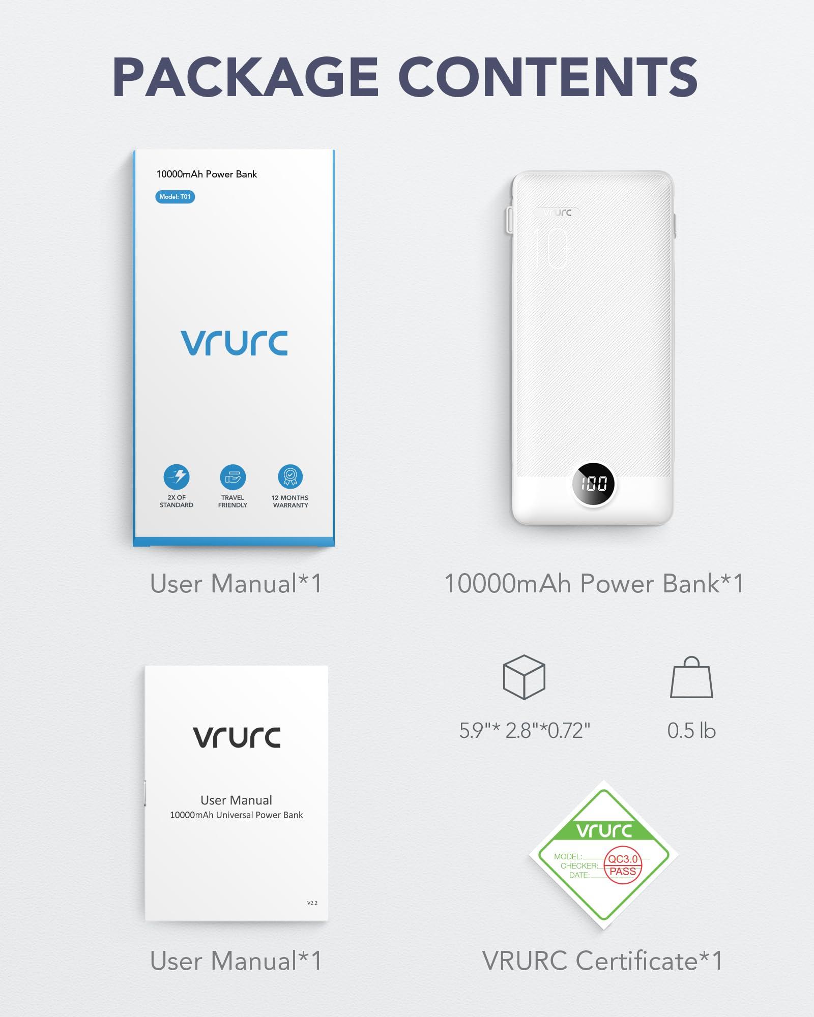 VRURC Portable Charger Built-in Cables and AC Wall Plug, USB C Power Bank 10000mAh, Travel Essentials Phone Charger Compact Lightweight External Battery Pack for Smart Phones, Tablets etc-White - Image 8