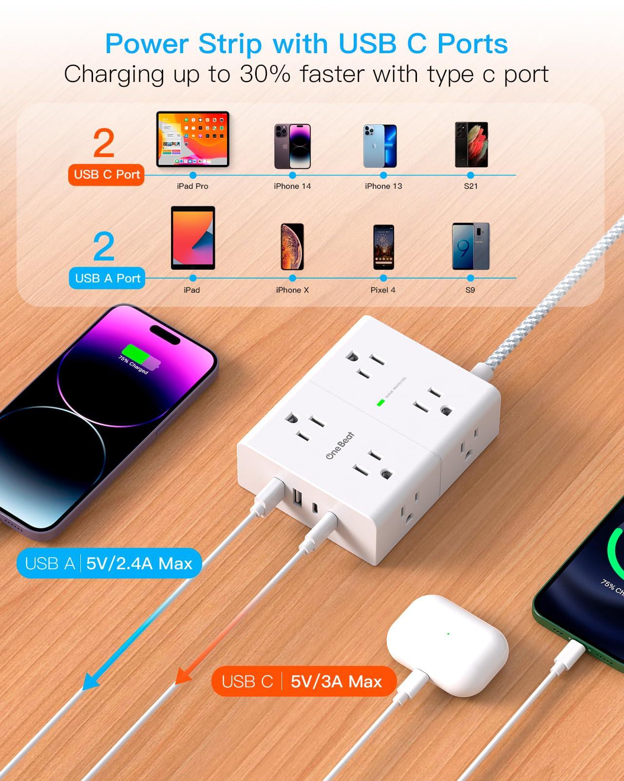 Surge Protector Power Strip 15 Ft Cord, Ultra Thin Flat Extension Cord with 8 Outlets 4 USB Ports(2 USB C), Flat Plug Power Strip, 15 Ft Long Braided Power Cord for Home, Office, Dorm Room Essentials - Image 3
